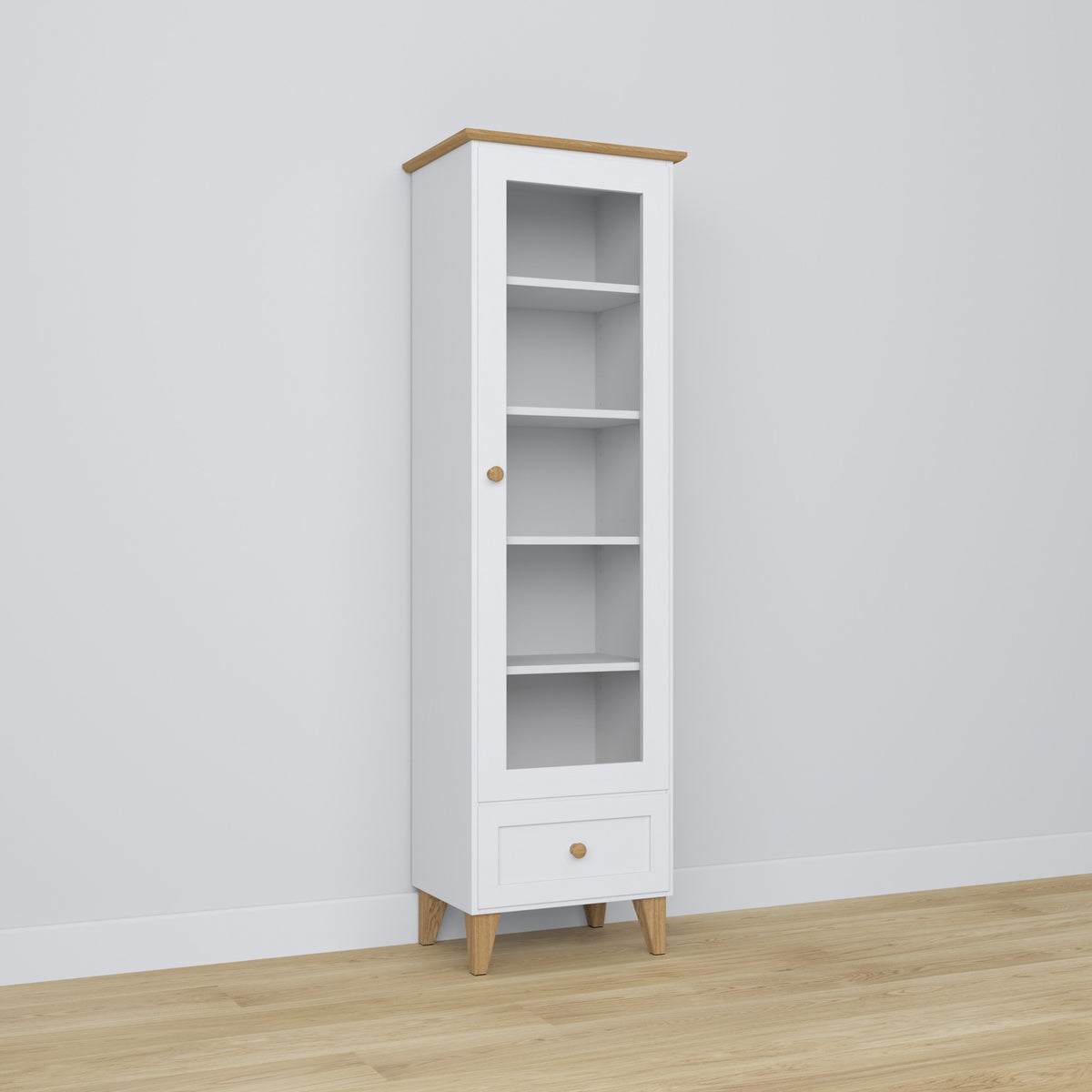 Vitrine 1S 57 Weiß mit Eiche – Holzoberfläche, Glastüren, Frontansicht