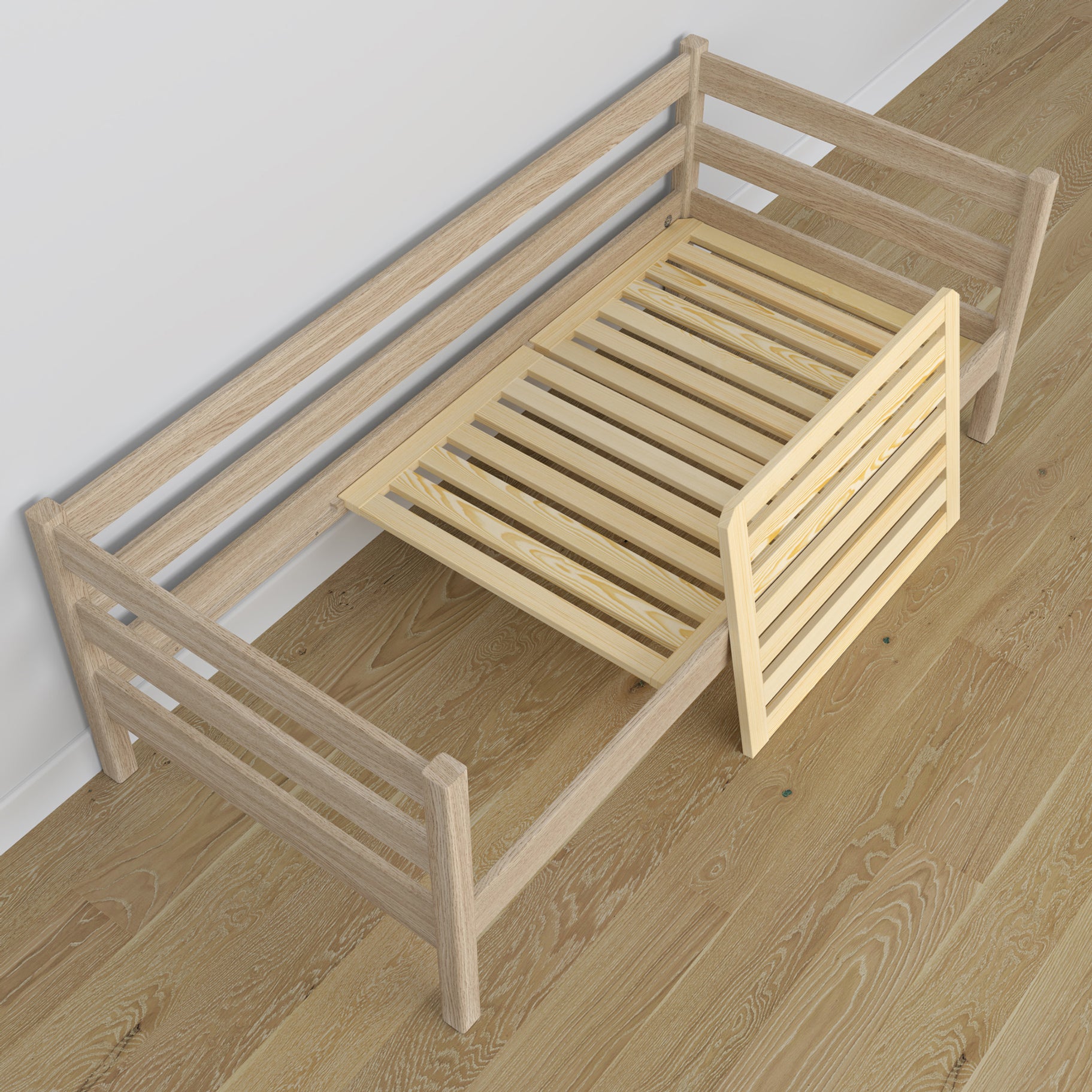 Sofabett mit Schublade für Matratze gebleichte Eiche aus Eichenholz – Maße, Nizio