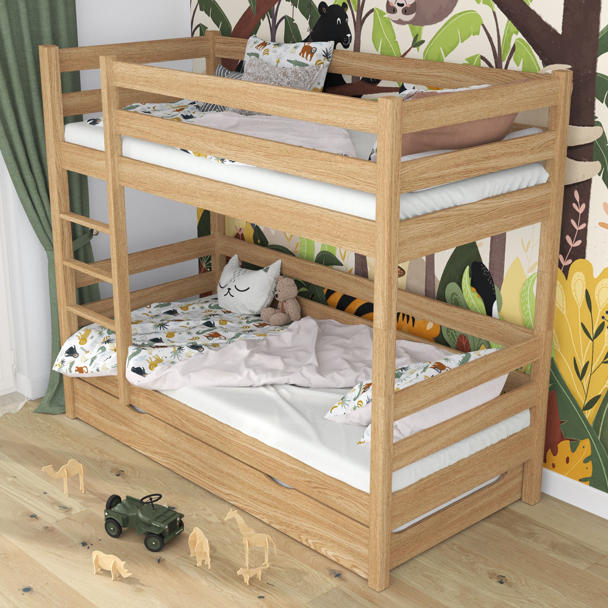 Lit superposé chêne naturel pour enfants – tiroir na matelas, en chêne, Nizio
