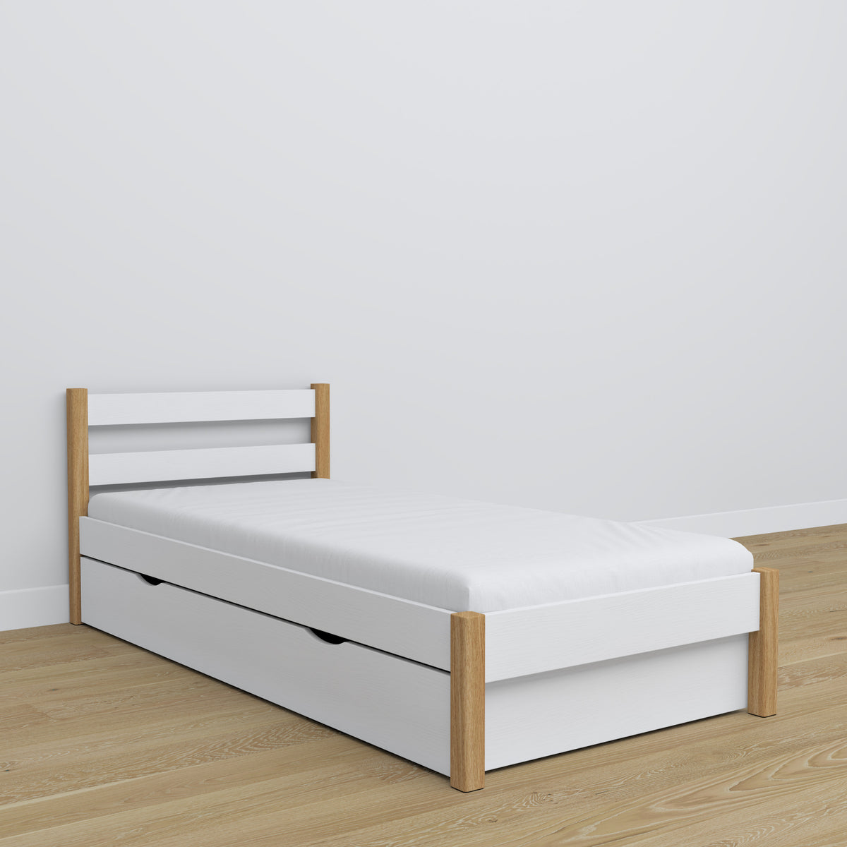 Bett mit Schublade aus Holz Weiß-Eiche – Kinderzimmer, Scandi-Einrichtung