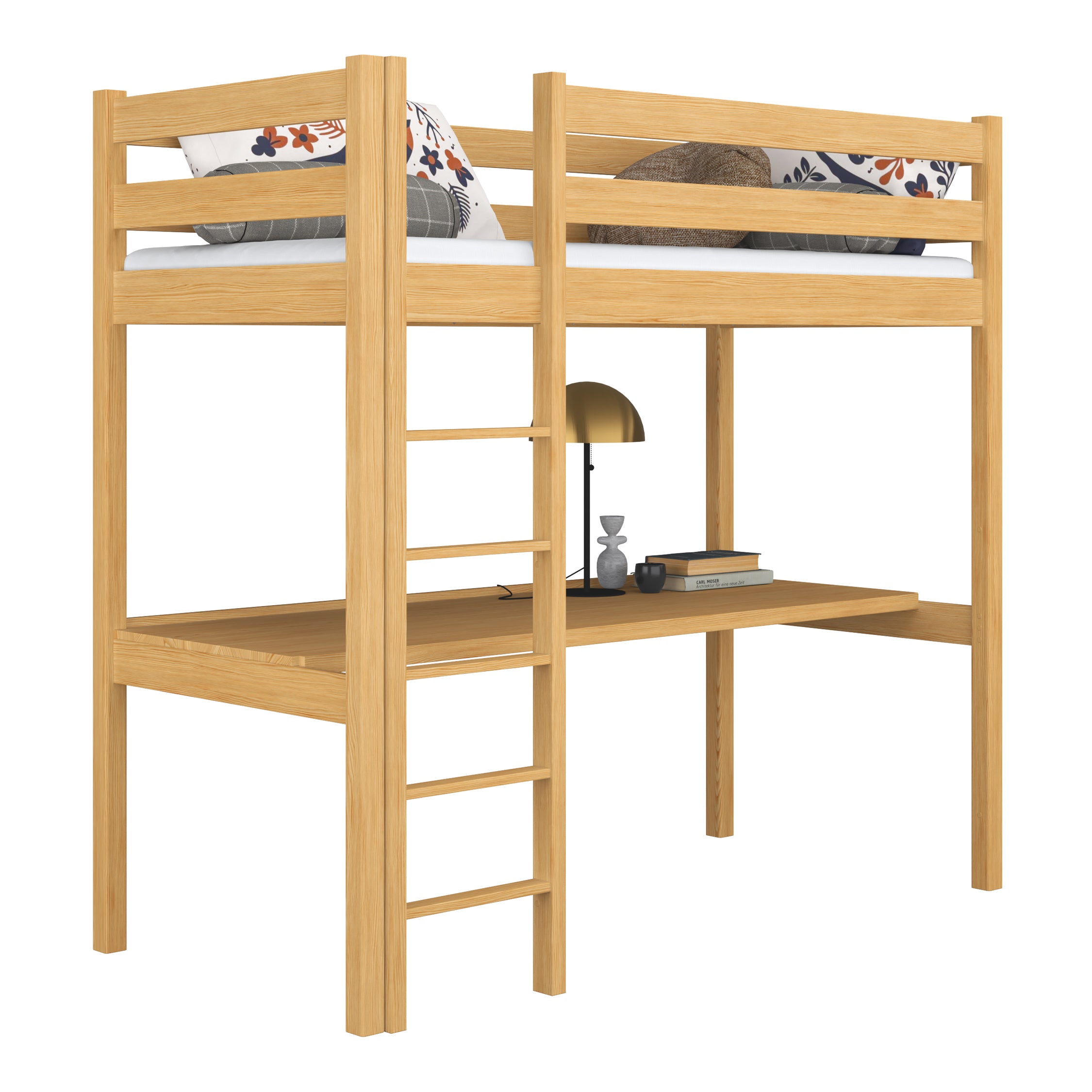 Natural Pine Wooden Loft Bed with Desk – Children’s Room, Scandi Nizio
