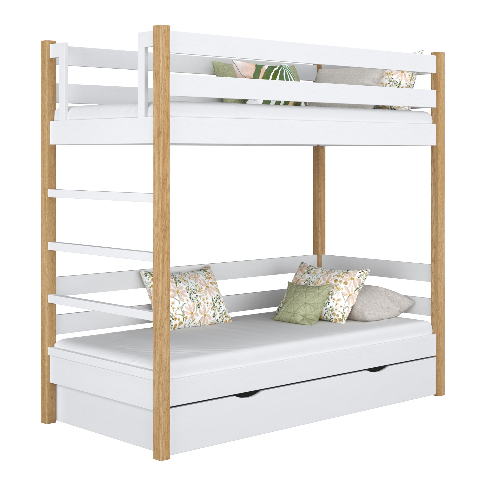 White and Oak Wooden Bunk Bed with Drawer – Children’s Room, Solid Wood, Scandi