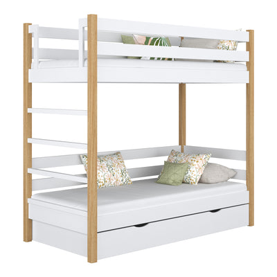 White and Oak Wooden Bunk Bed with Drawer – Children’s Room, Solid Wood, Scandi