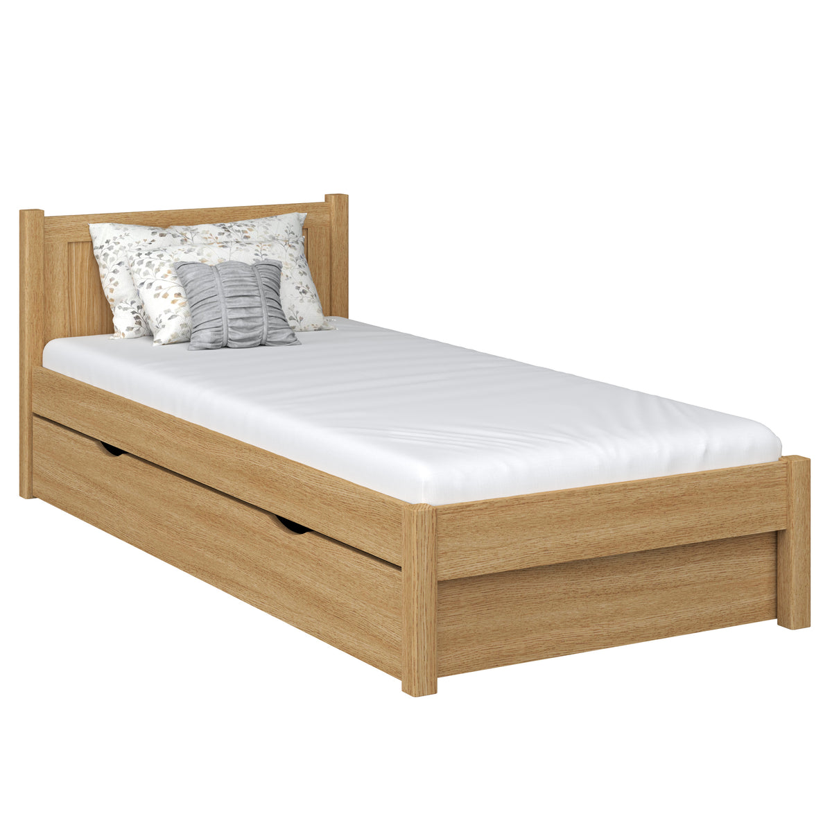 Bett mit Schublade aus Natureiche – Schublade geöffnet, Staurauminnenraum