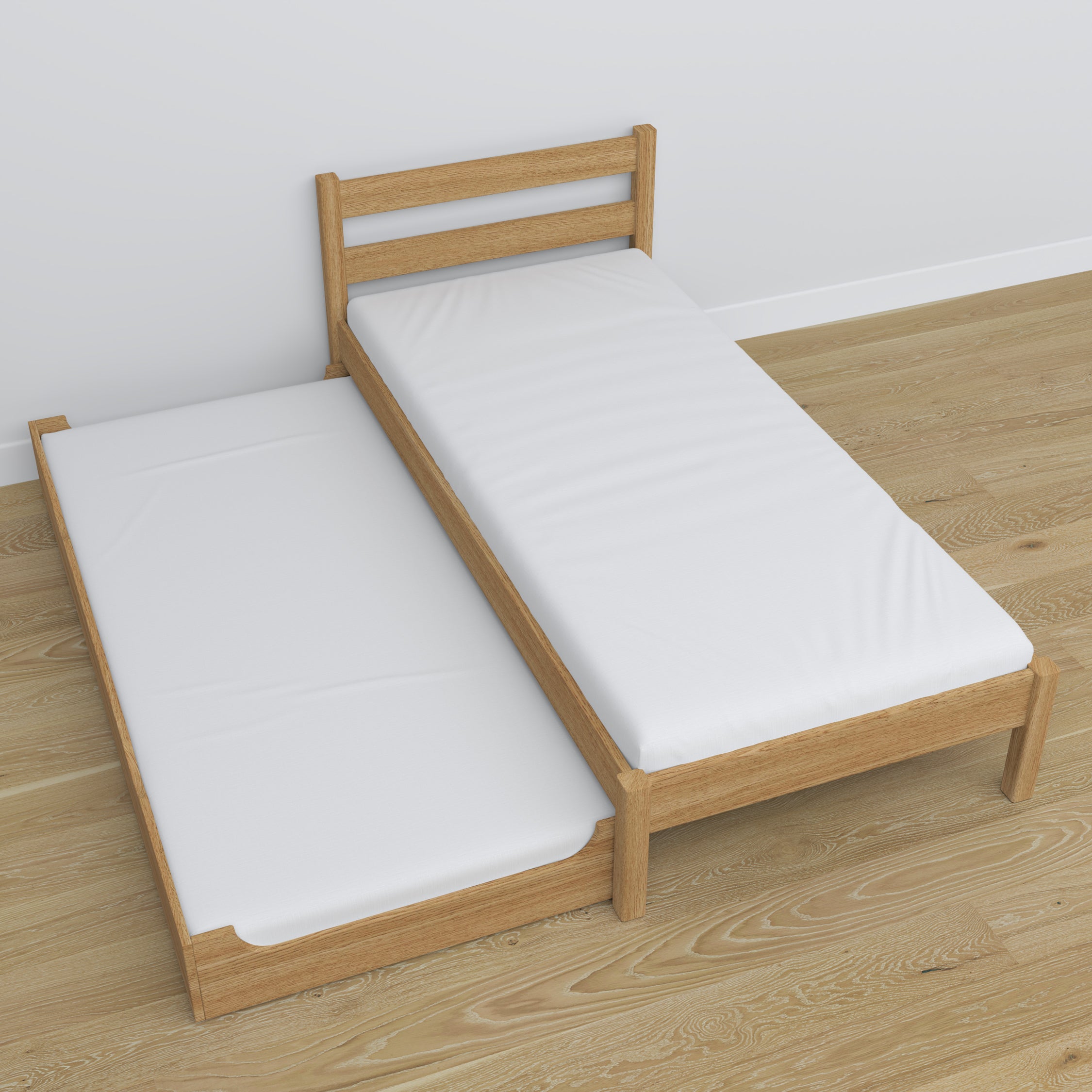 Bed with mattress drawer natural oak made of oak – dimensions, Nizio