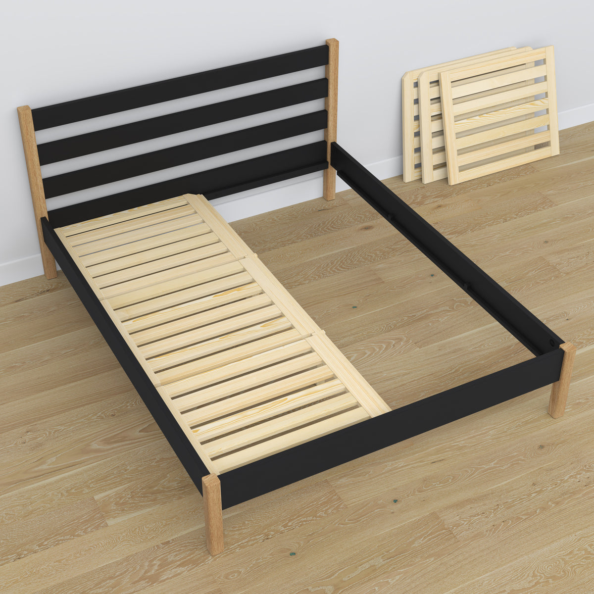 Doppelbett Schwarz-Eiche – hinteres Kopfteil aus Holz, Nizio Home