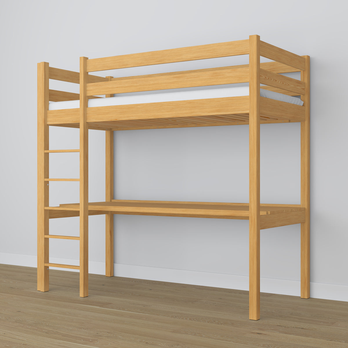 Loft bed natural pine – wooden desk under the sleeping area, scandi children’s room