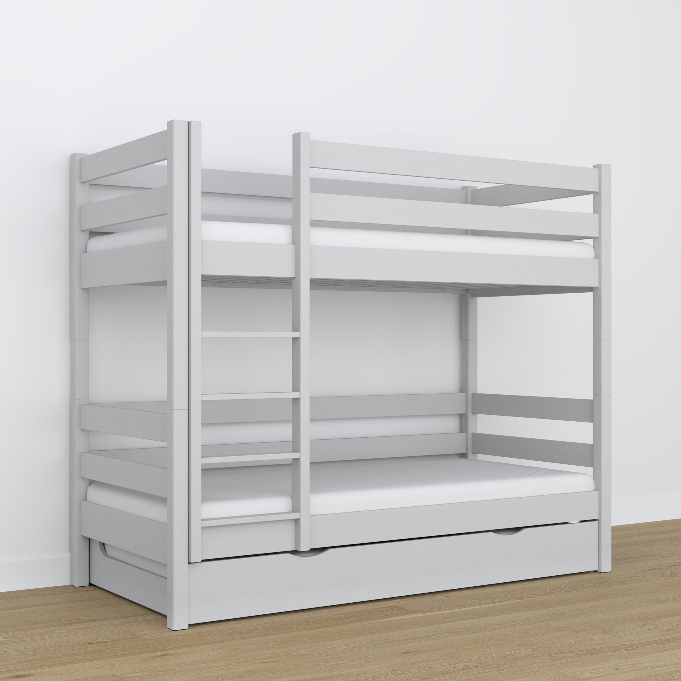 Lit superposé gris – sommier en bois à lattes, tiroir na matelas