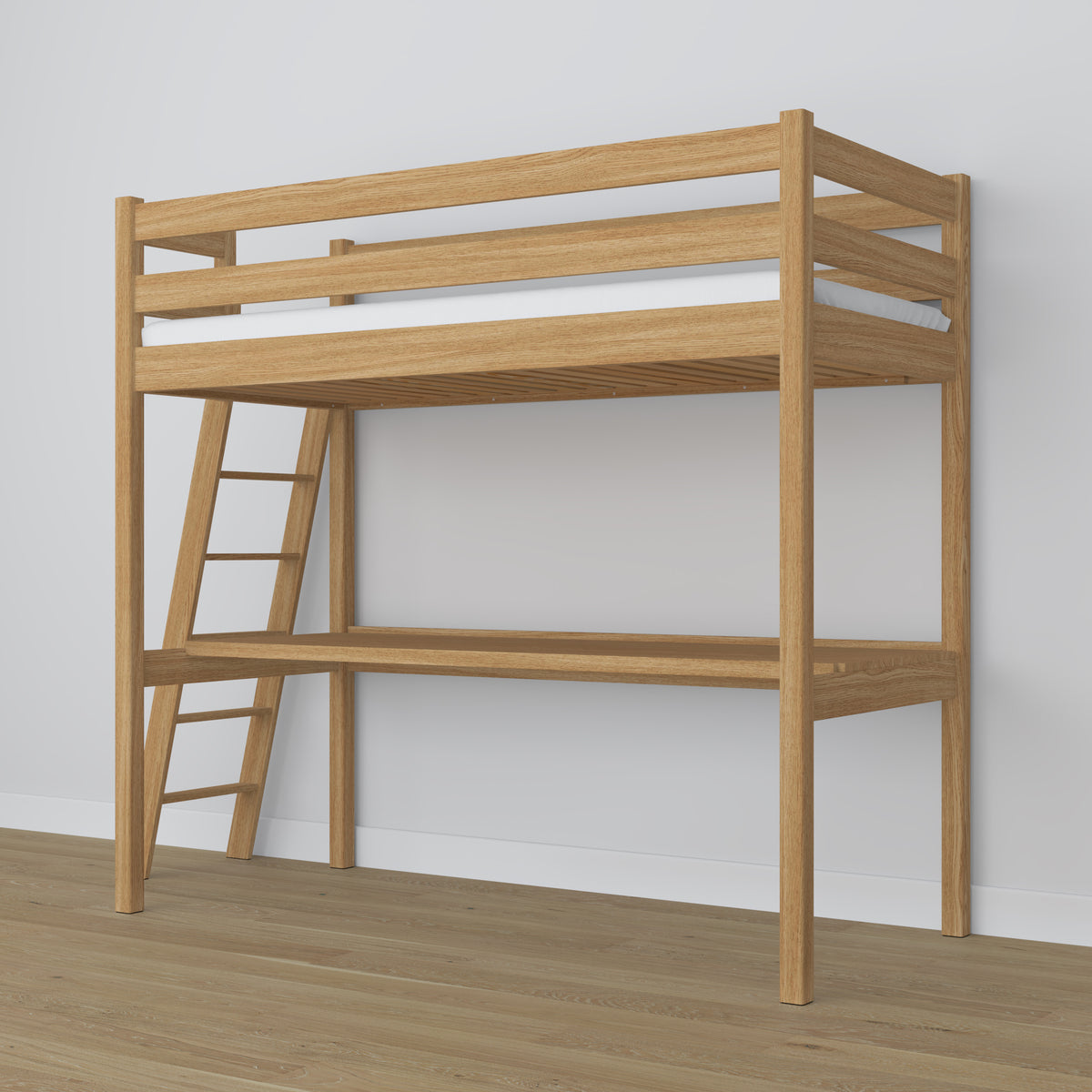 Lit mezzanine chêne naturel – bureau en chêne pod chambre, chambre d'enfant scandinave