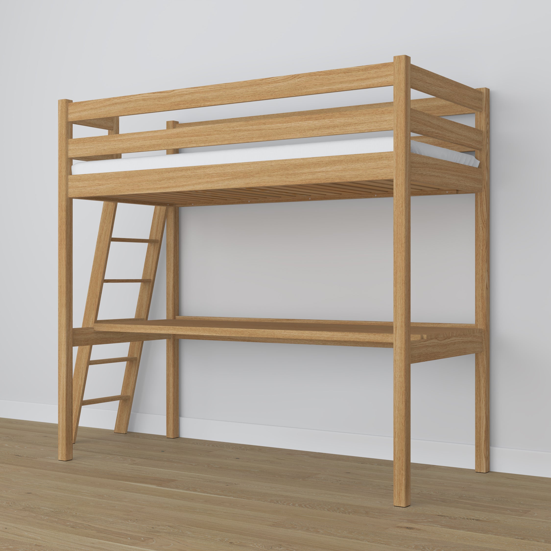Lit mezzanine chêne naturel – bureau en chêne pod chambre, chambre d'enfant scandinave