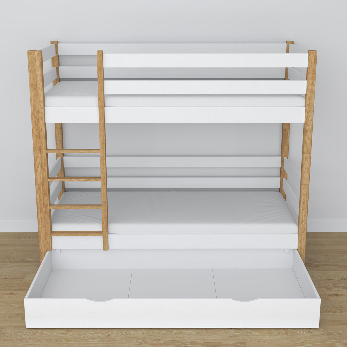 White and Oak Wooden Bunk Bed with Drawer – Dimensions and Diagram, Nizio