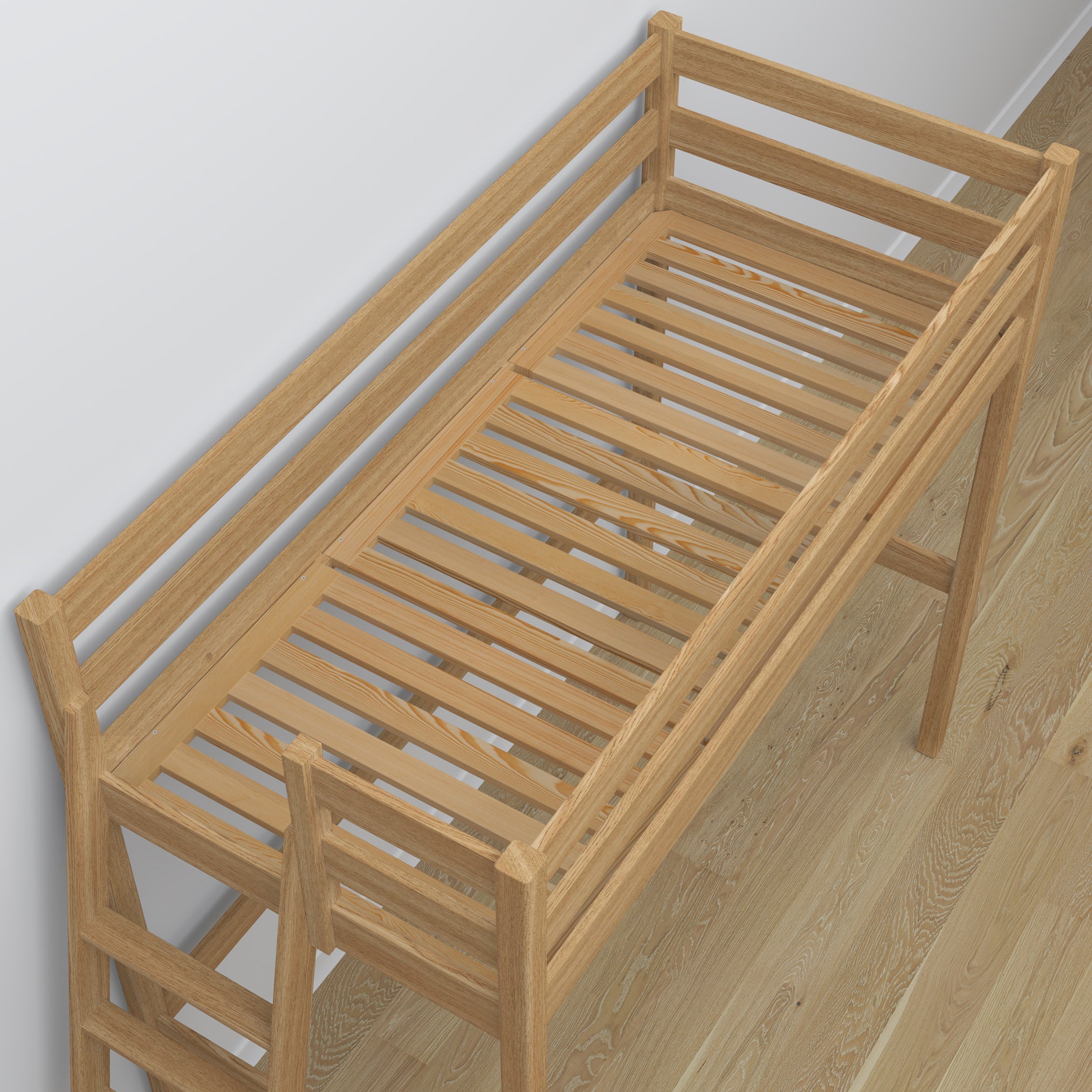 Lit mezzanine avec bureau en chêne chêne naturel – détails des assemblages et de l'échelle