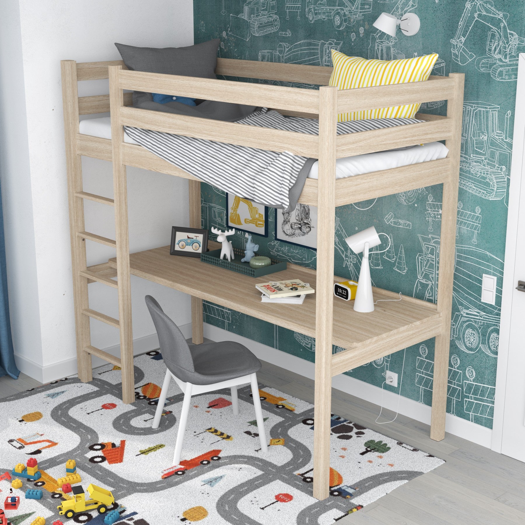 Loft bed bleached oak – oak desk under the sleeping area, scandi children’s room