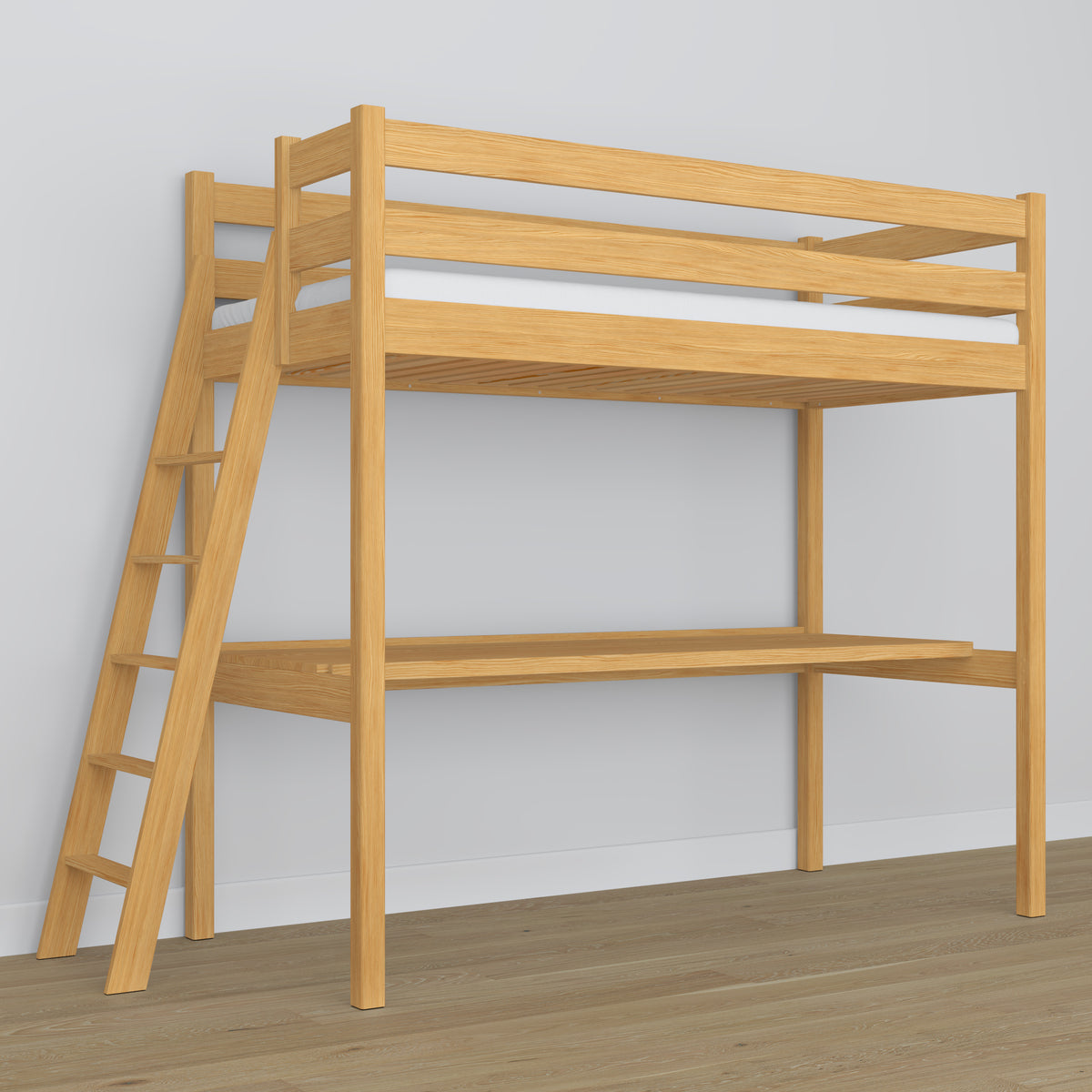 Lit mezzanine avec bureau en bois pin naturel – échelle i barrière ochronna