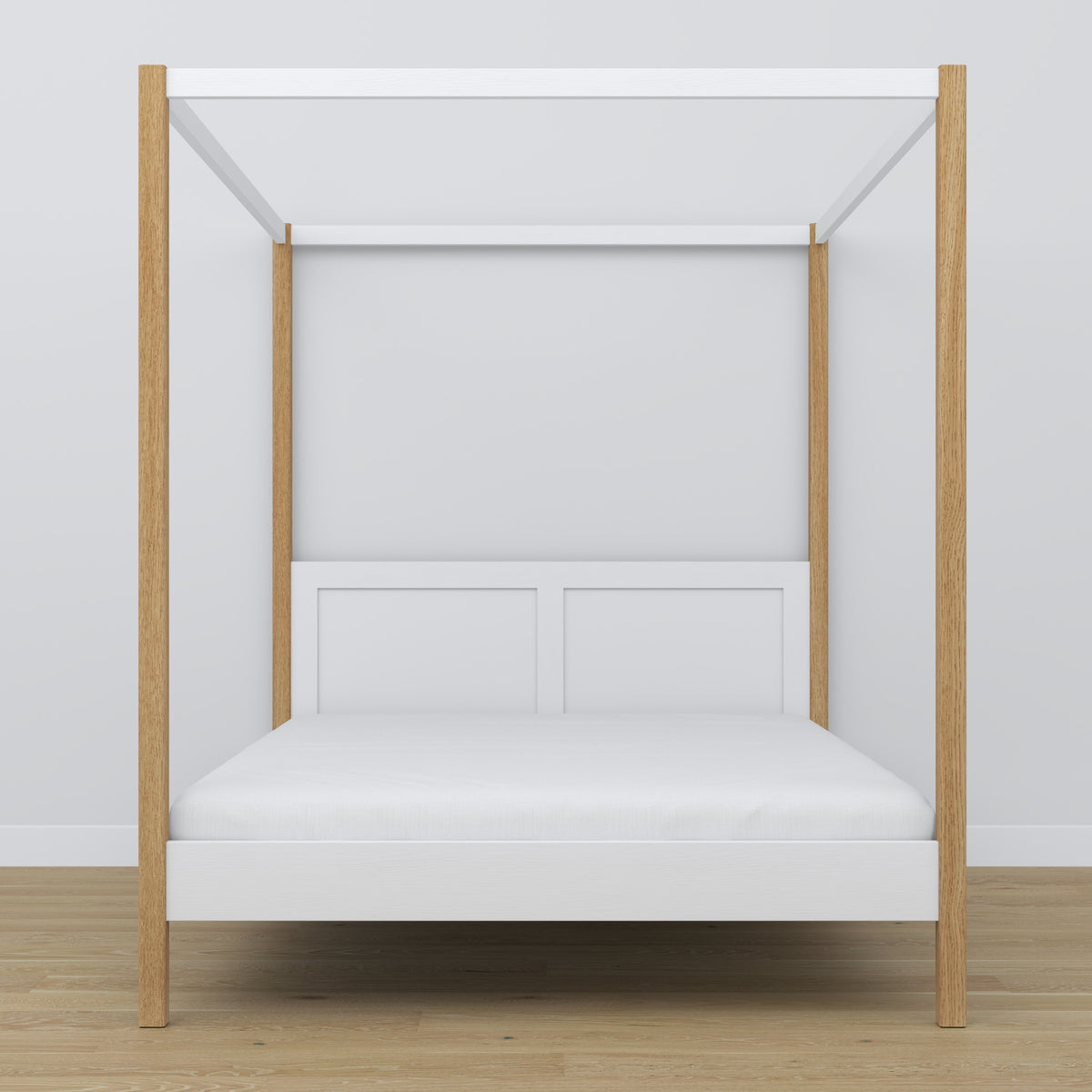 Doppelbett mit Baldachin Holz weiß-Eiche – Kopfteil und Rahmen, Nahaufnahme