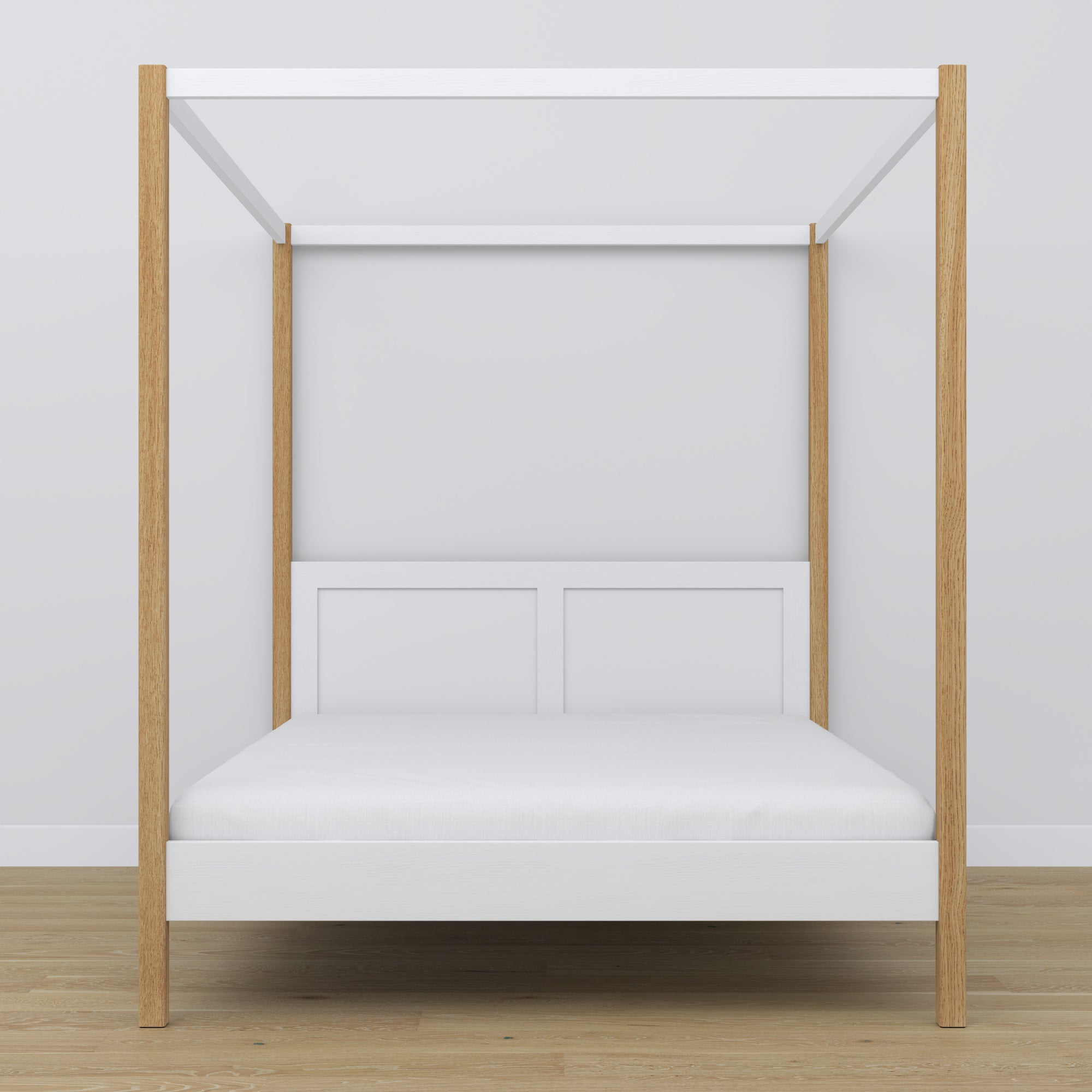 Doppelbett mit Baldachin Holz weiß-Eiche – Kopfteil und Rahmen, Nahaufnahme