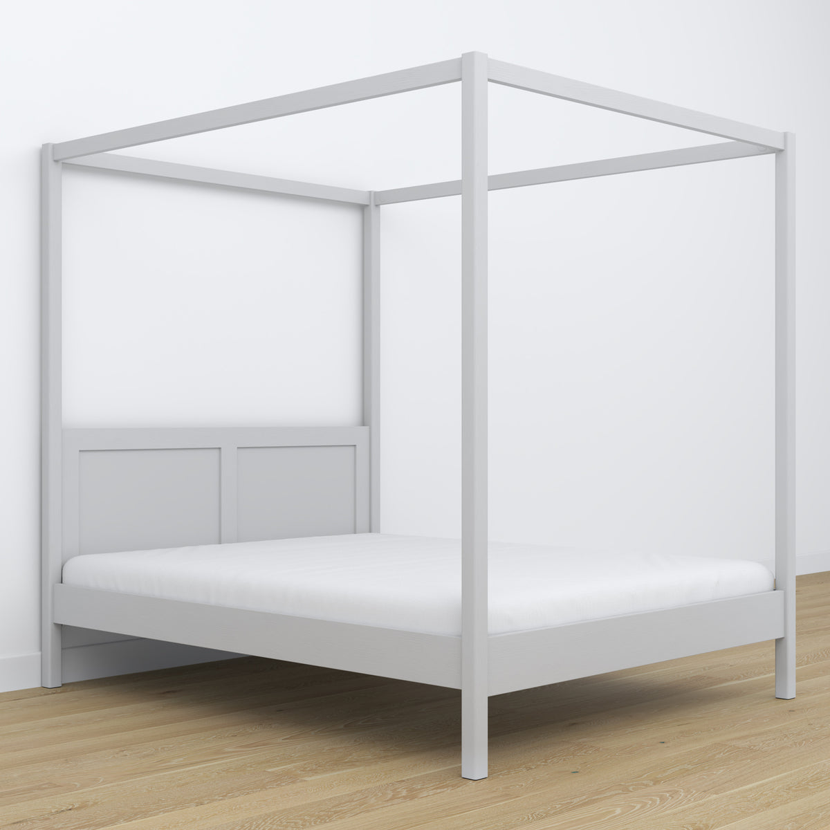 Doppelbett Aschgrau mit Baldachin – dekorativer Rahmen aus Holz, Scandi