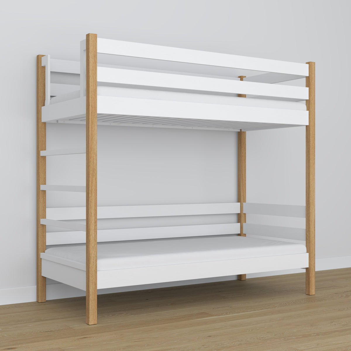Lit superposé en bois blanc-chêne – couchage supérieur et inférieur, scandinave