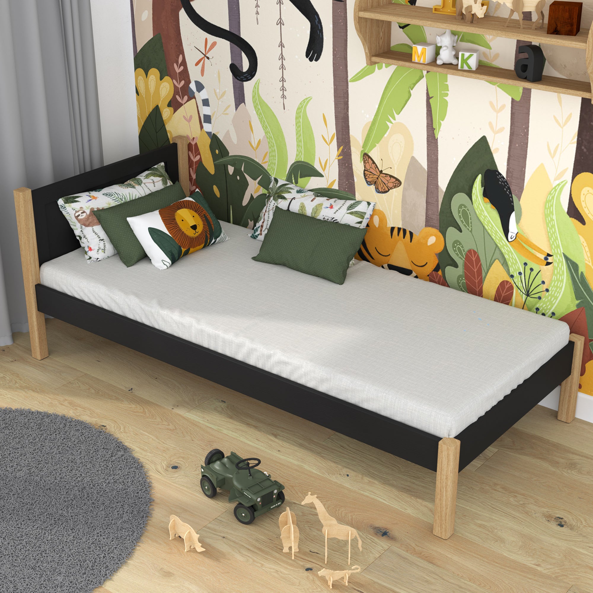 Bett Schwarz-Eiche im Kinderzimmer – skandinavische Einrichtung, aus Holz