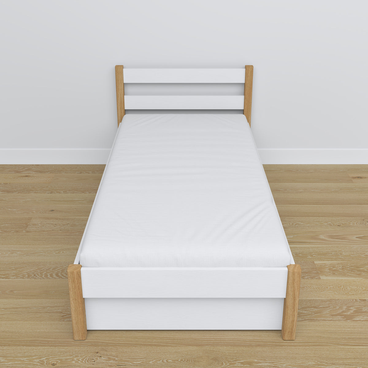 Bett Weiß-Eiche mit Schublade – Schienen und Details aus Holz, Nizio