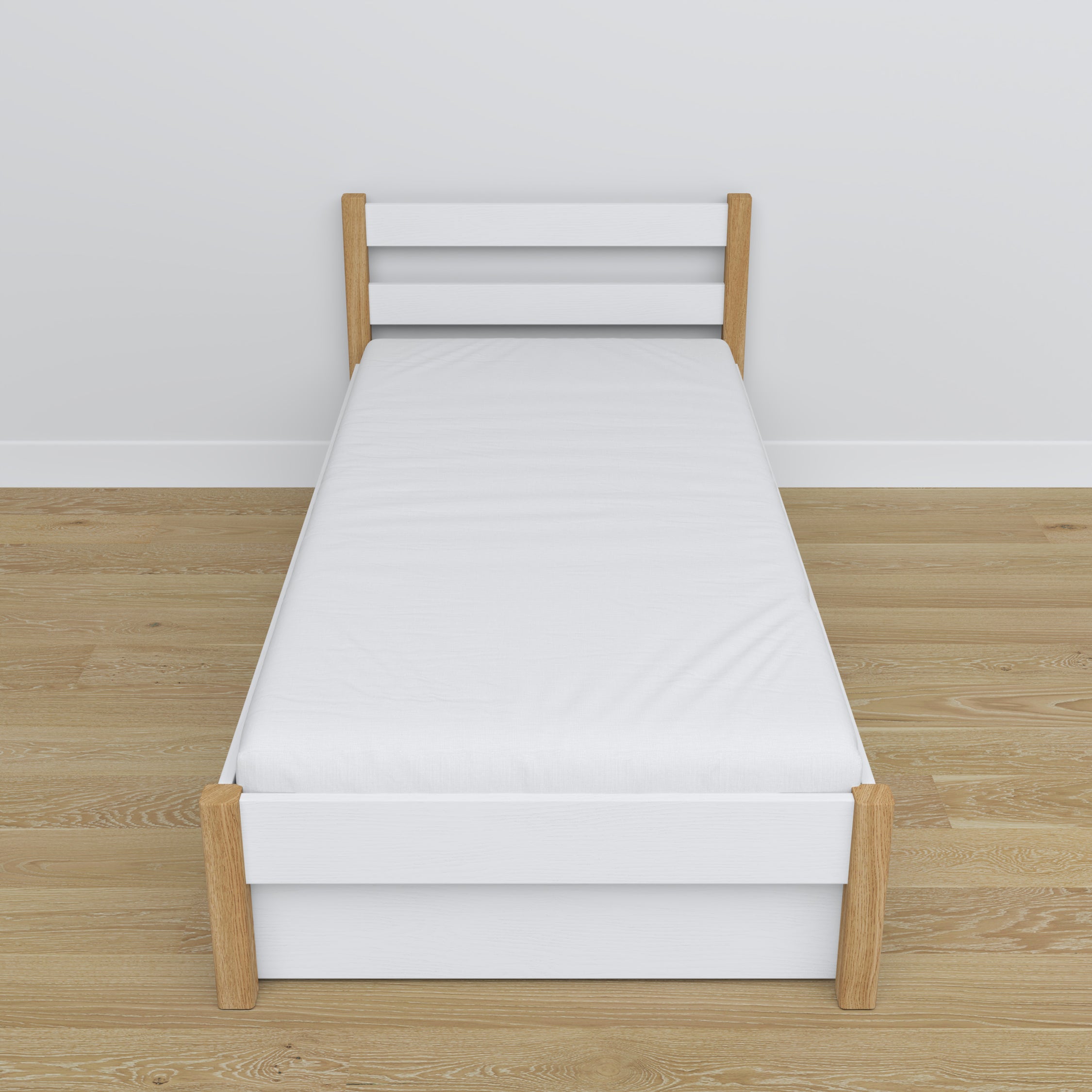 Bett Weiß-Eiche mit Schublade – Schienen und Details aus Holz, Nizio