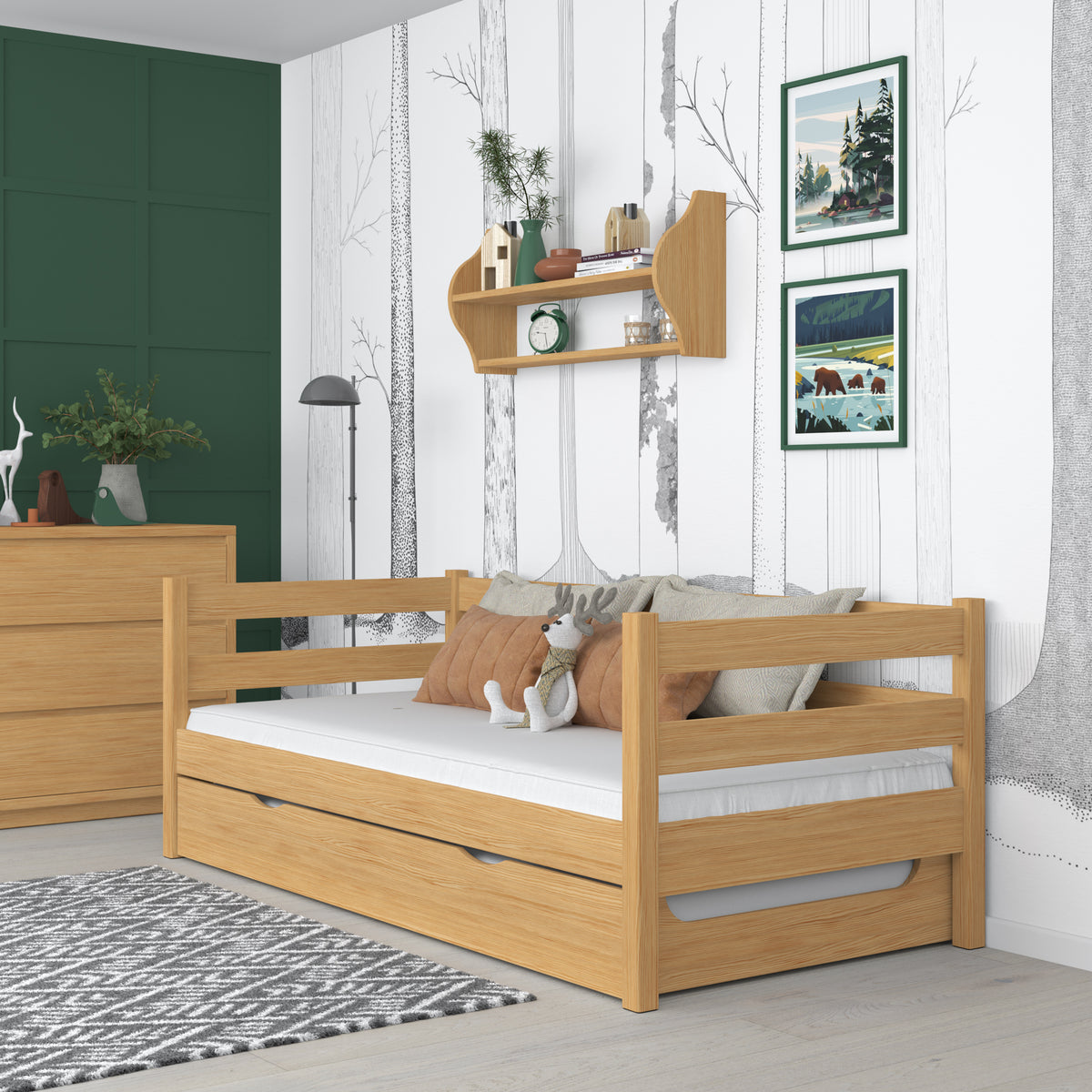 Sofa-lit pin naturel – barrière latérale en bois, vue de côté, Nizio