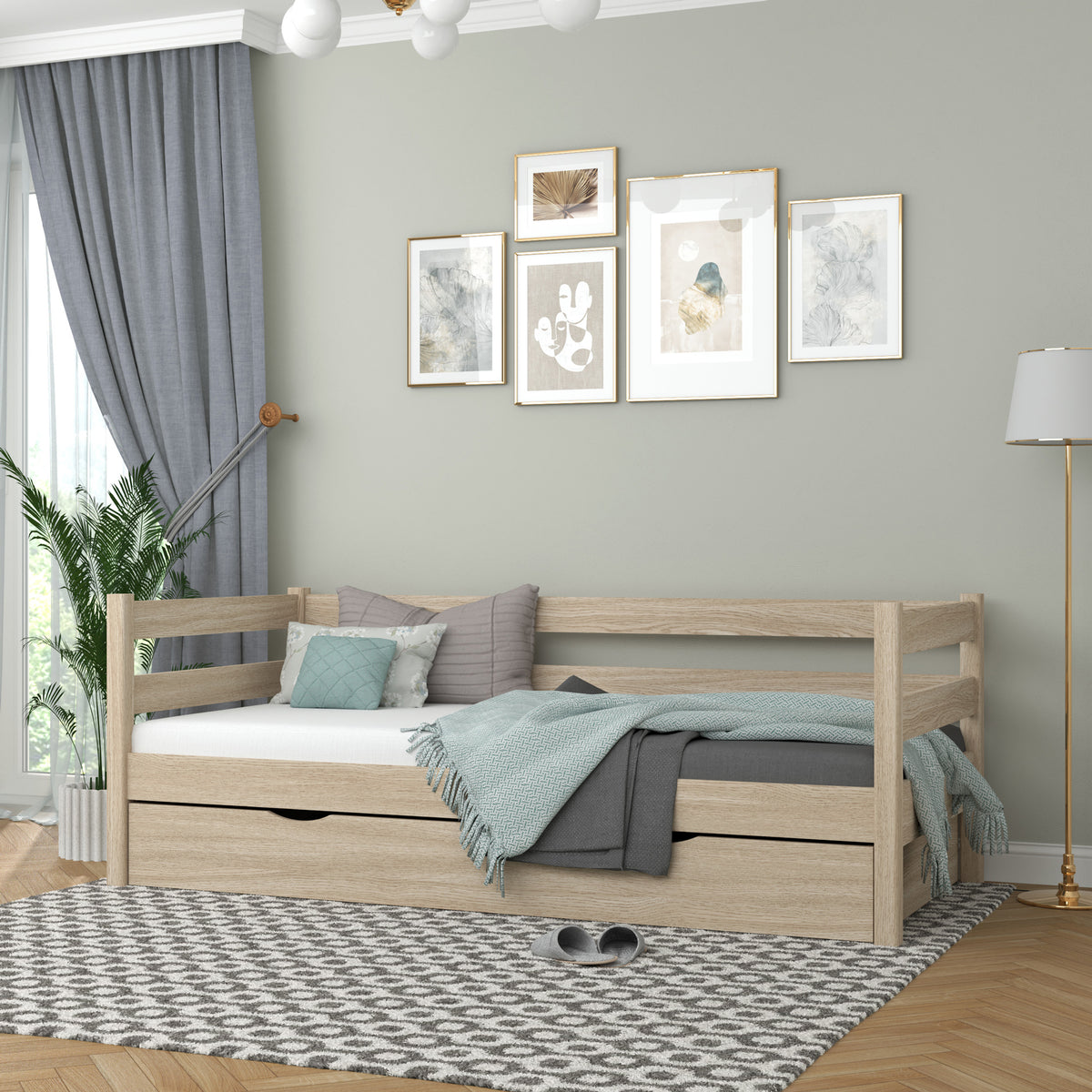 Sofa-lit avec tiroir en chêne chêne blanchi – chambre d'enfant, style scandinave Nizio