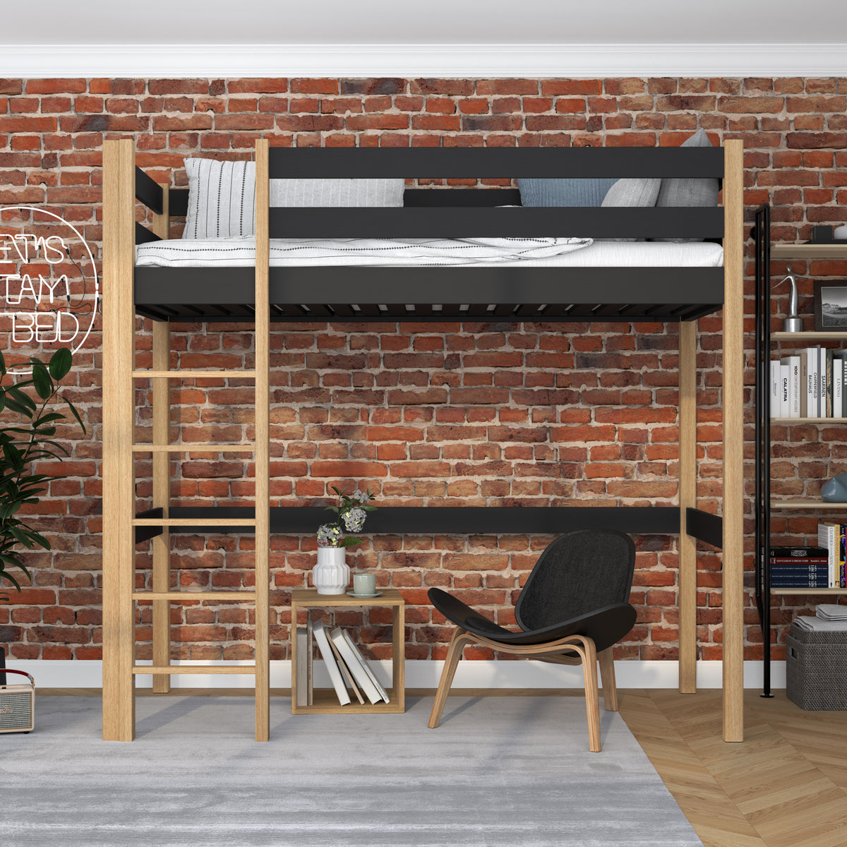 Hochbett schwarz-eiche – Leiter und Rausfallschutz aus Holz, Nizio Home