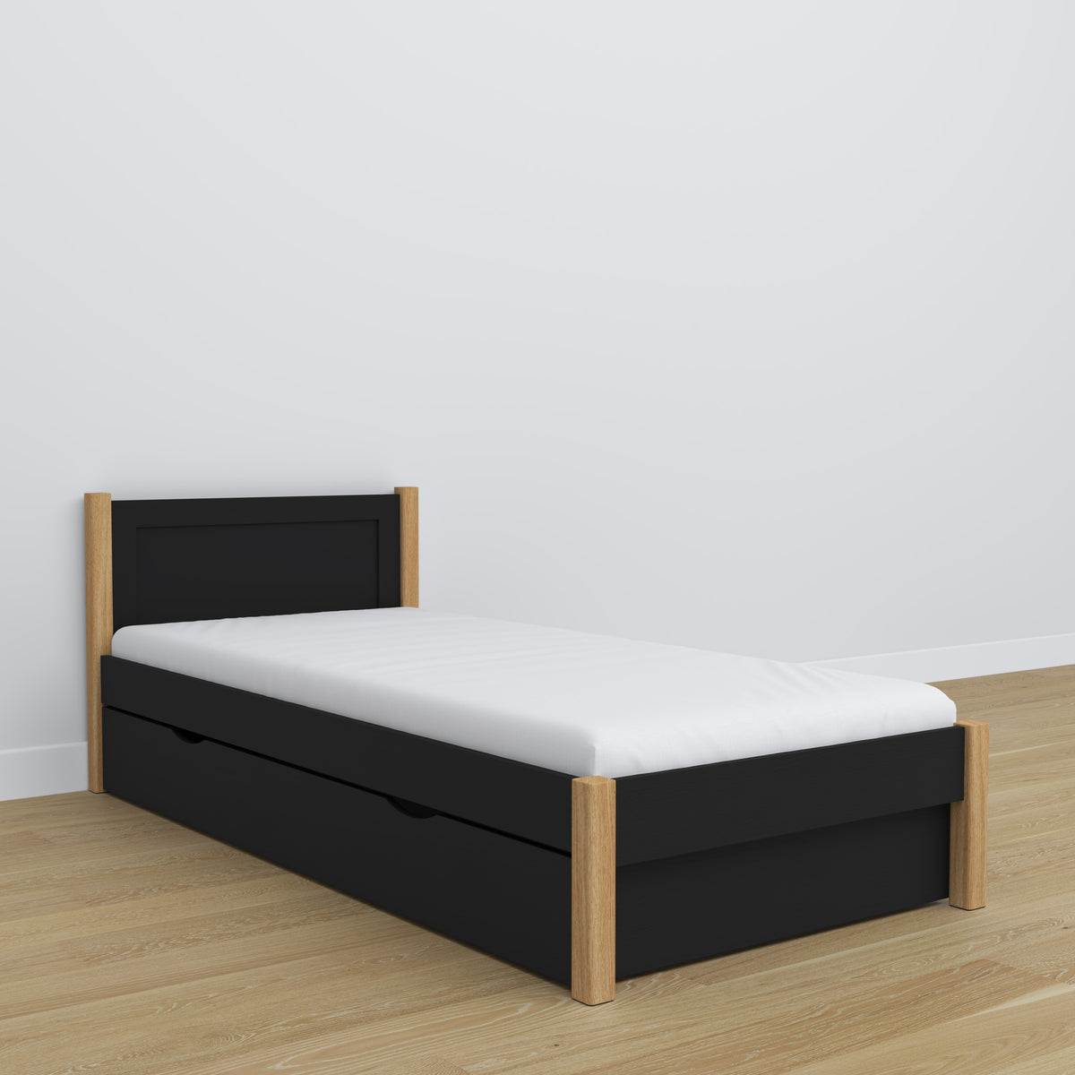 Bett mit Schublade aus Holz Schwarz-Eiche – Kinderzimmer, Scandi-Einrichtung