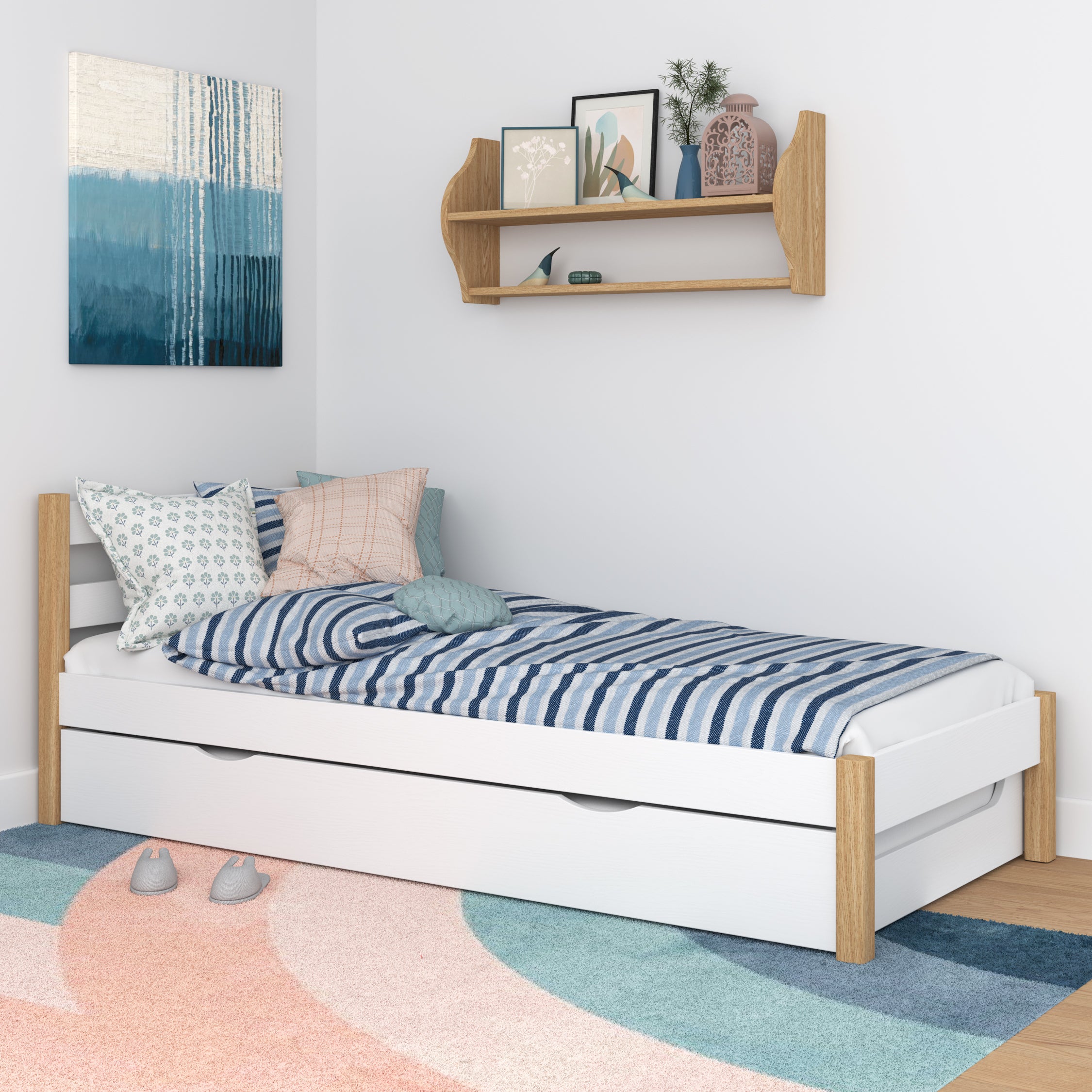 Bett Weiß-Eiche mit Schublade für Matratze – Seitenansicht, aus Holz, Nizio Home