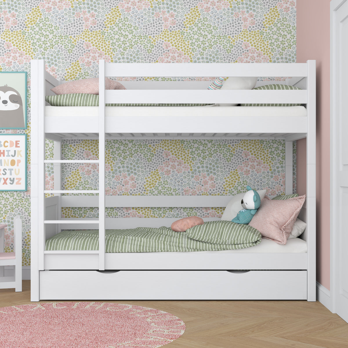 Lit superposé en bois blanc – échelle, barrières, tiroir na dodatkowy matelas