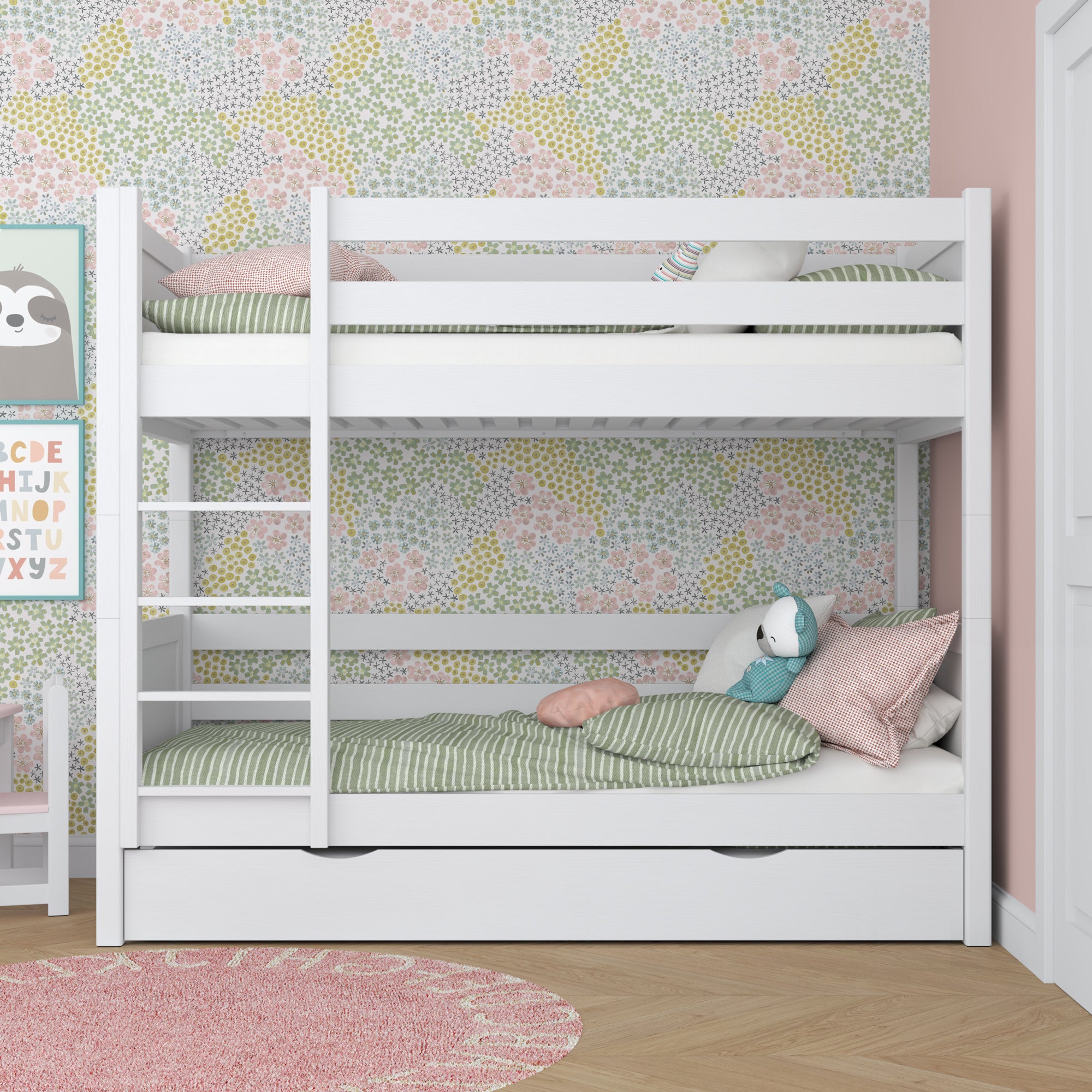 Lit superposé en bois blanc – échelle, barrières, tiroir na dodatkowy matelas