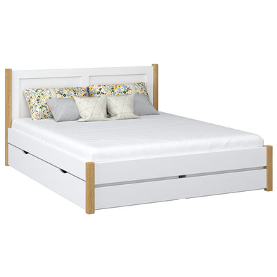 Wooden double bed with drawer white with oak – bedroom, storage, scandi style