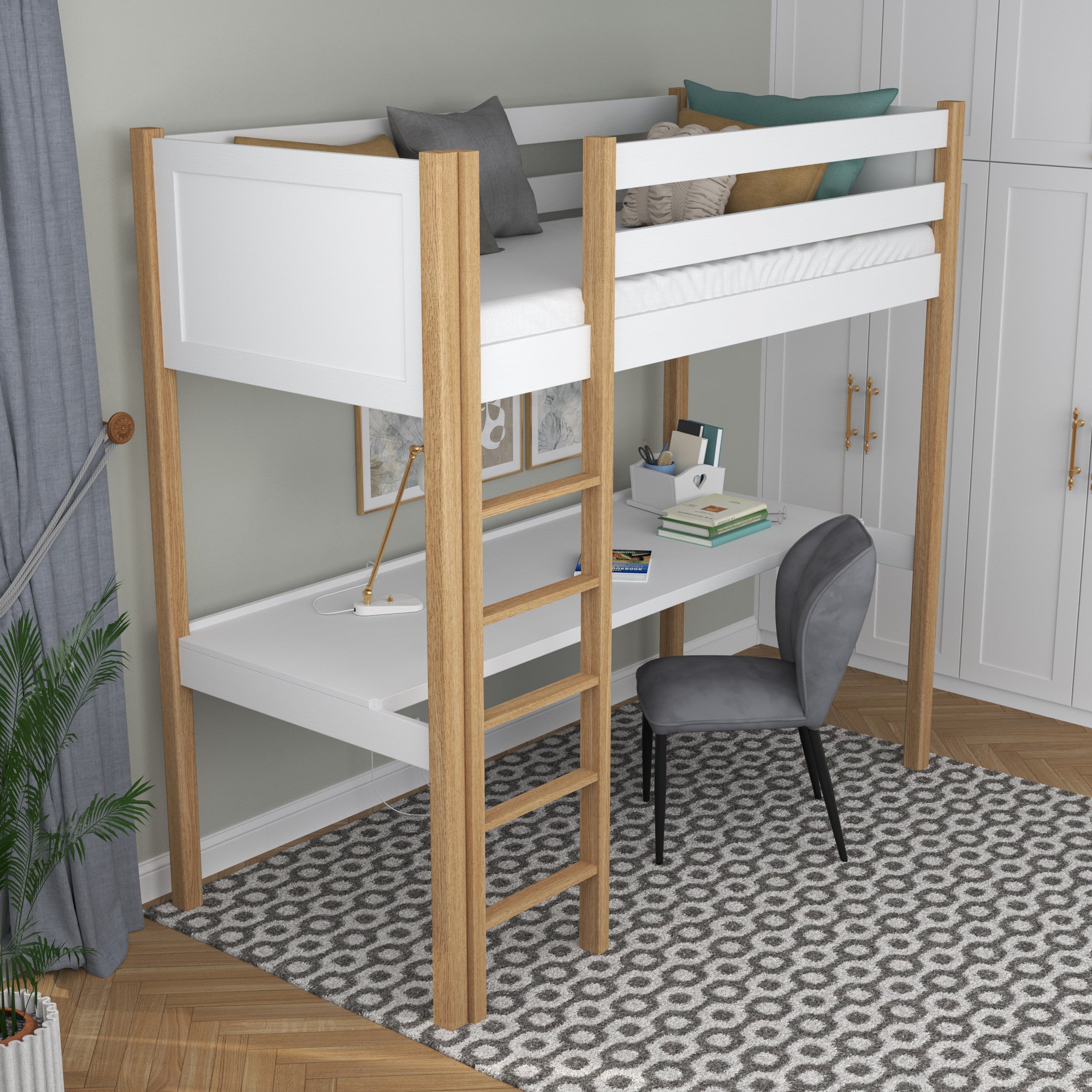 Loft bed white/oak – wooden desk under the sleeping area, scandi children’s room