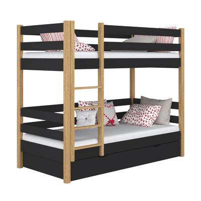 Black and Oak Wooden Bunk Bed with Drawer – Children’s Room, Solid Wood, Scandi