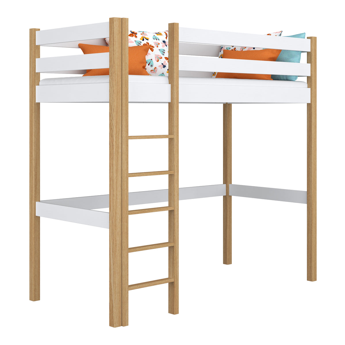 Hochbett aus Holz, Weiß-Eiche – Kinderzimmer, Massivholz, Scandi-Stil