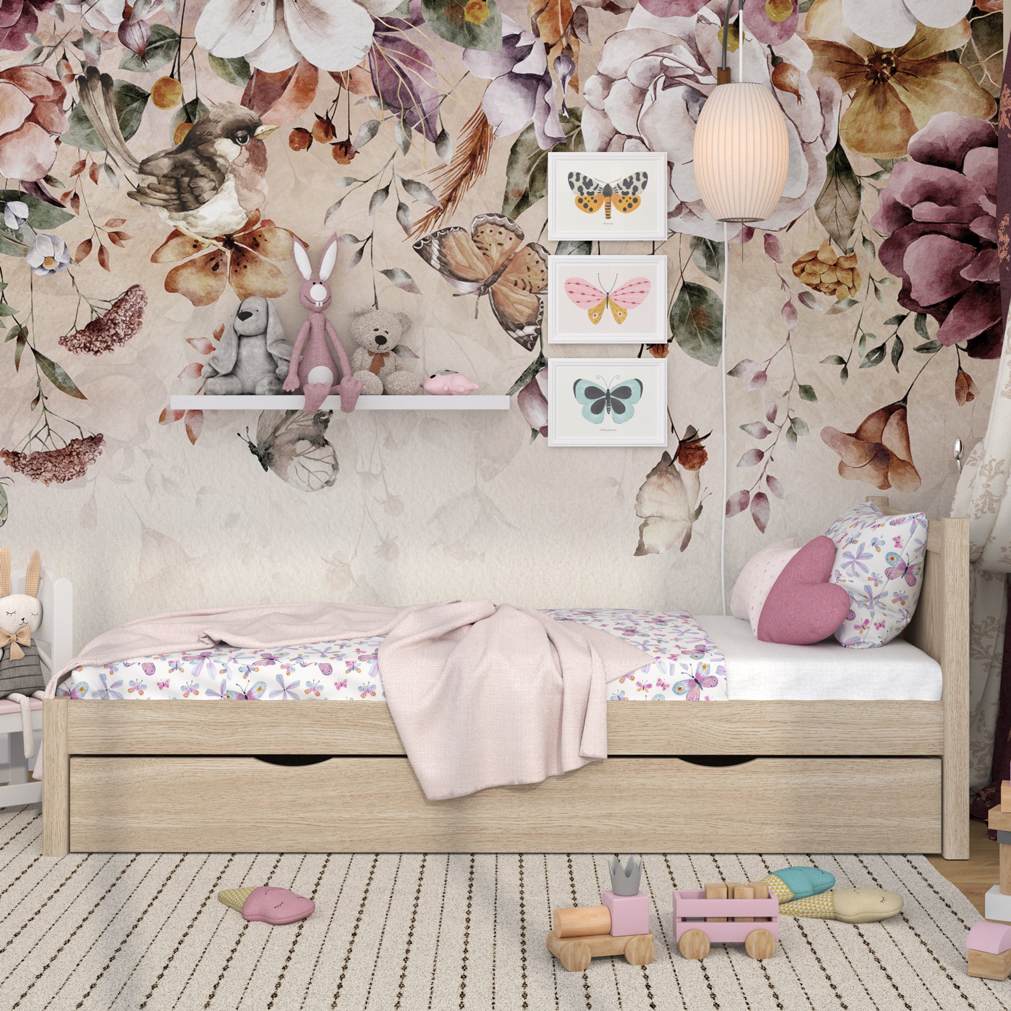 Bleached Oak Bed with Drawer – Side View, Oak, Nizio Home