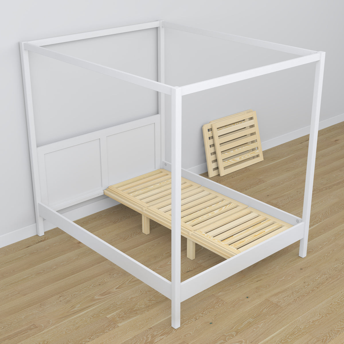 Lit à baldaquin blanc en bois – vue de côté, style scandinave