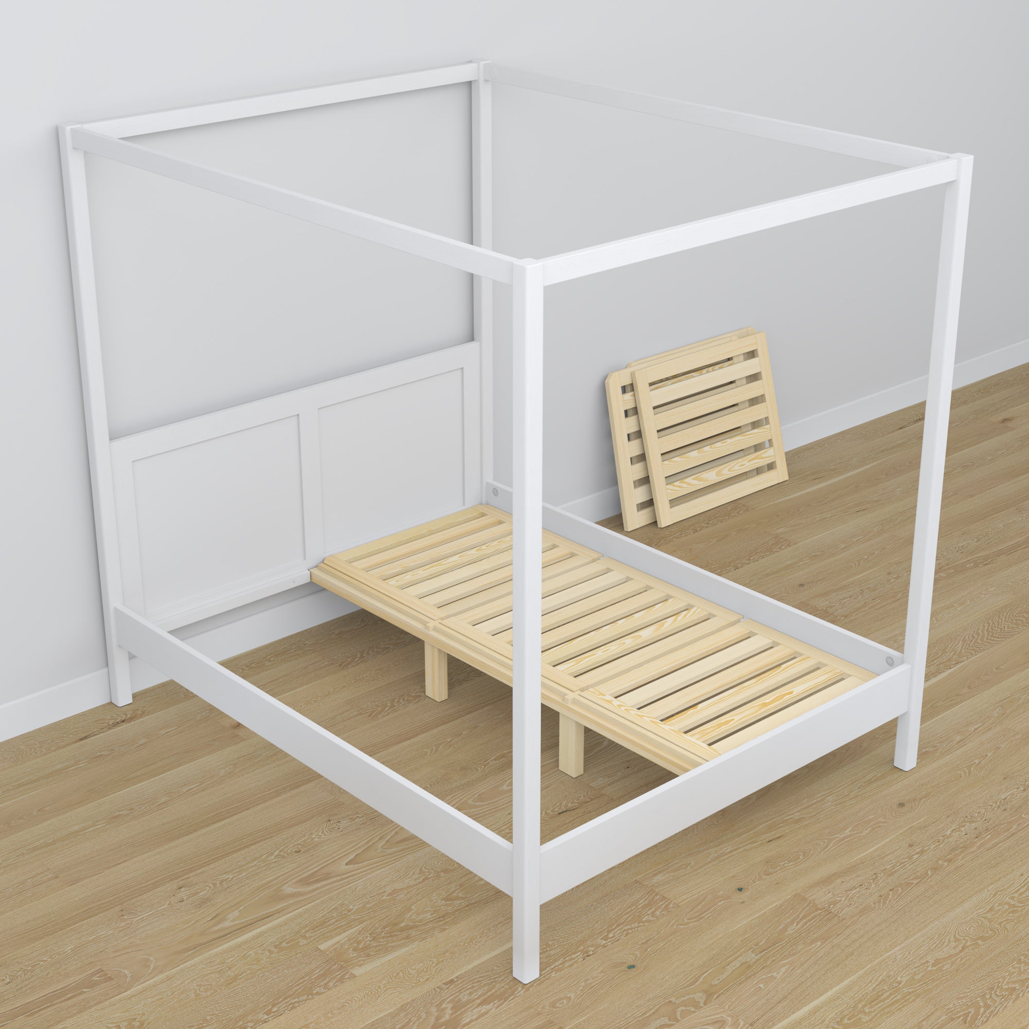 Lit à baldaquin blanc en bois – vue de côté, style scandinave
