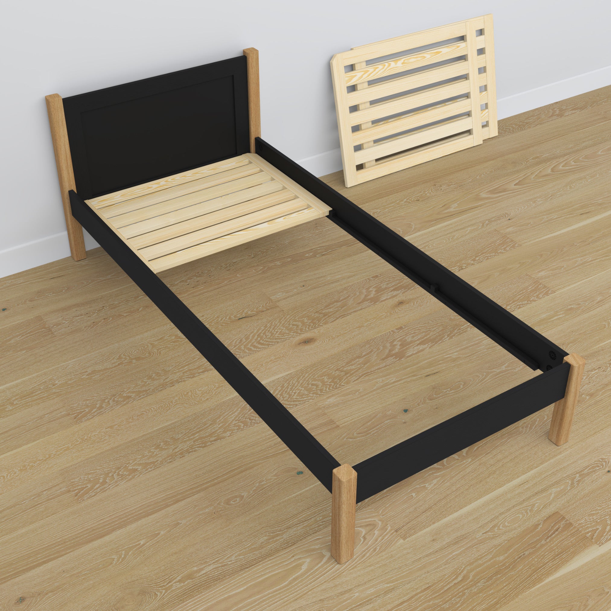 Bett mit Schublade aus Holz Schwarz-Eiche – Kopfteil, Nahaufnahme der Holzqualität