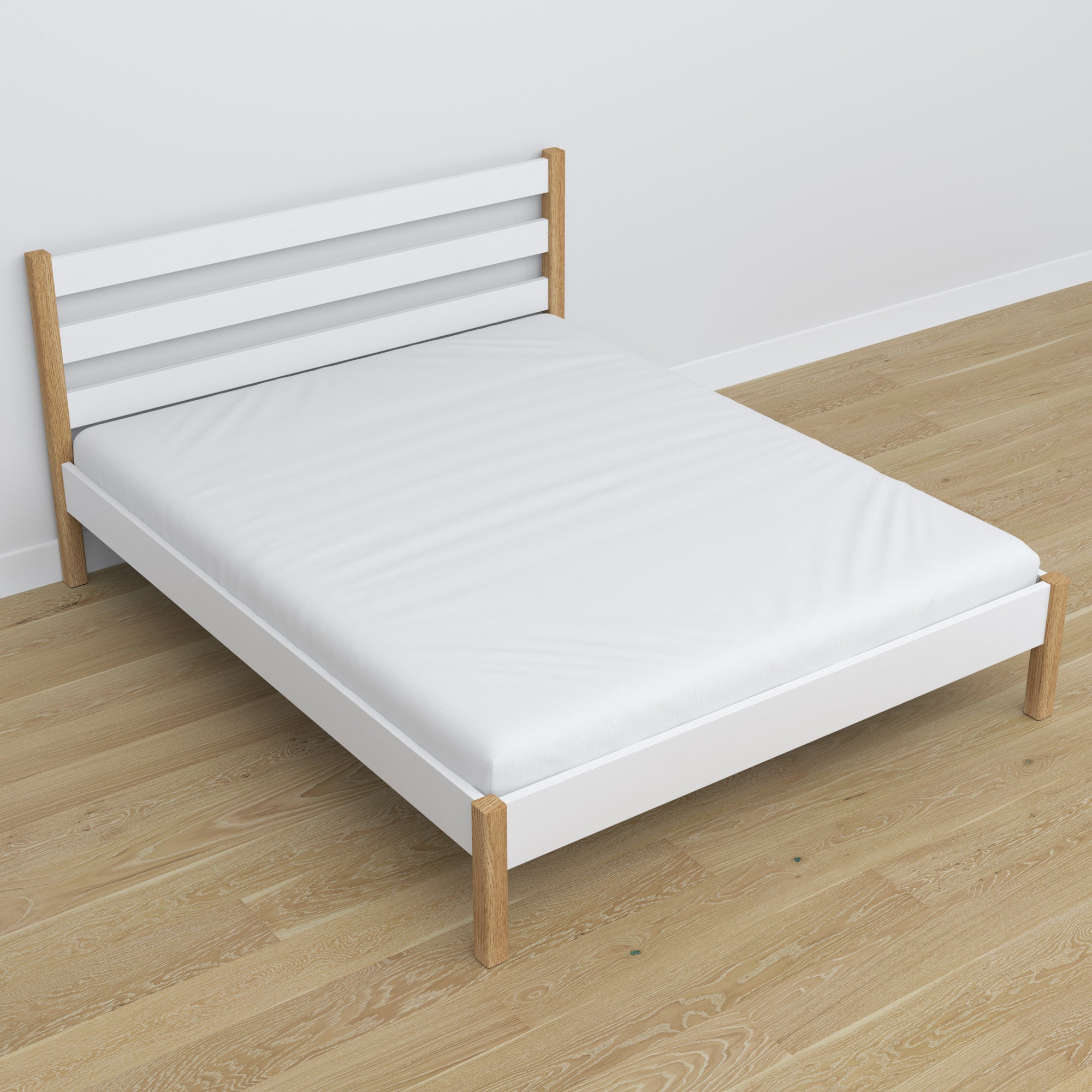 Doppelbett Weiß-Eiche im Schlafzimmer – Arrangement mit Bettwäsche, scandi Stil