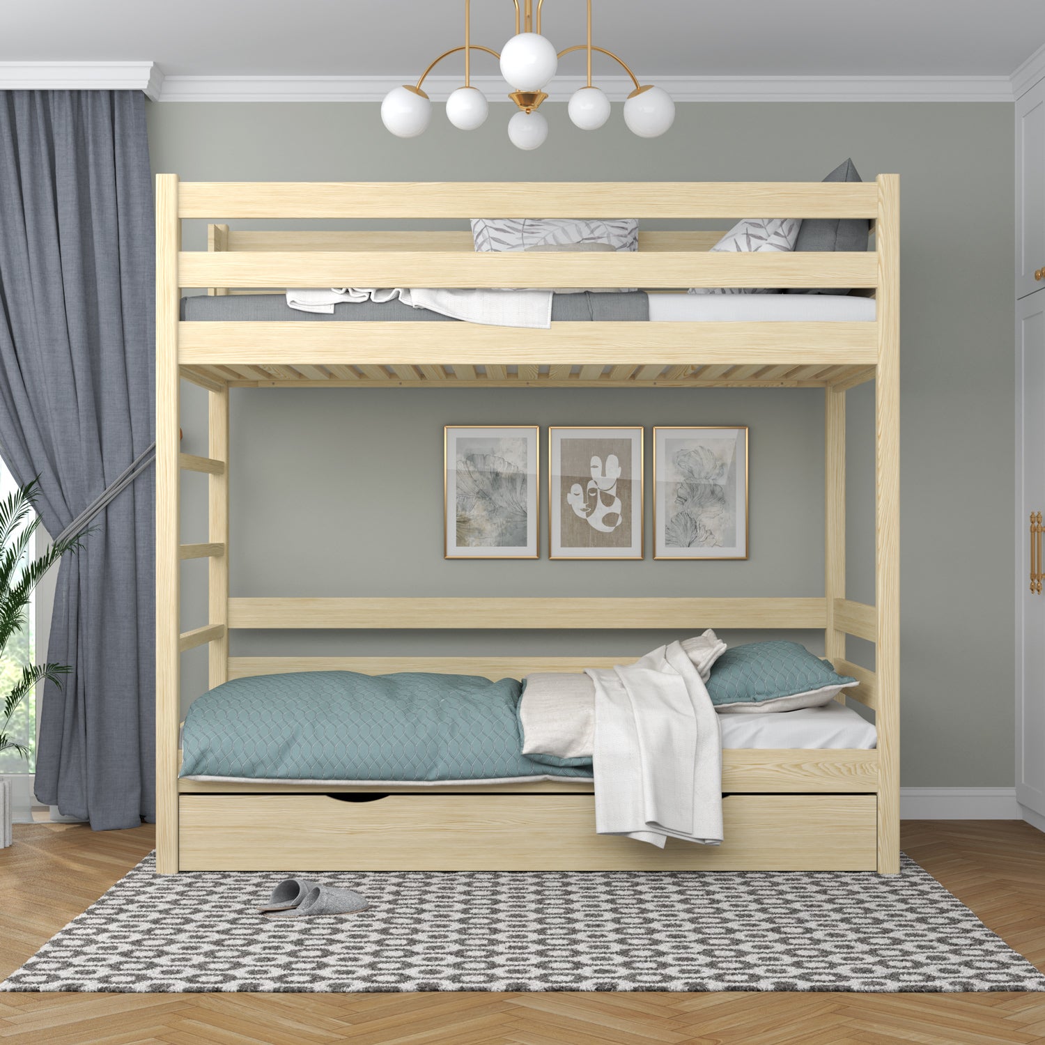 Clear Pine Wooden Bunk Bed – Open Drawer, Spacious Storage Under the Bed