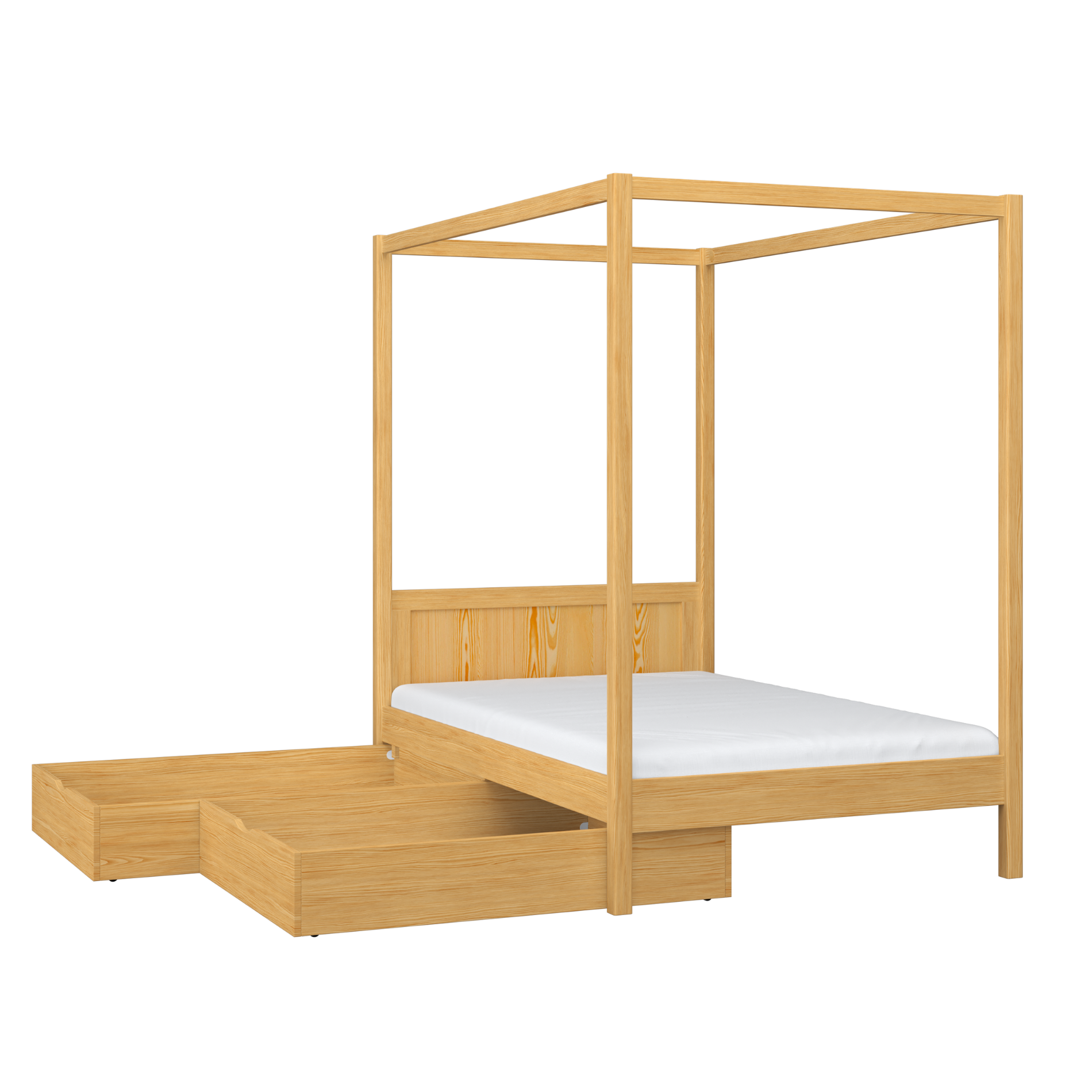 Natural pine canopy bed with drawer – side view, wooden