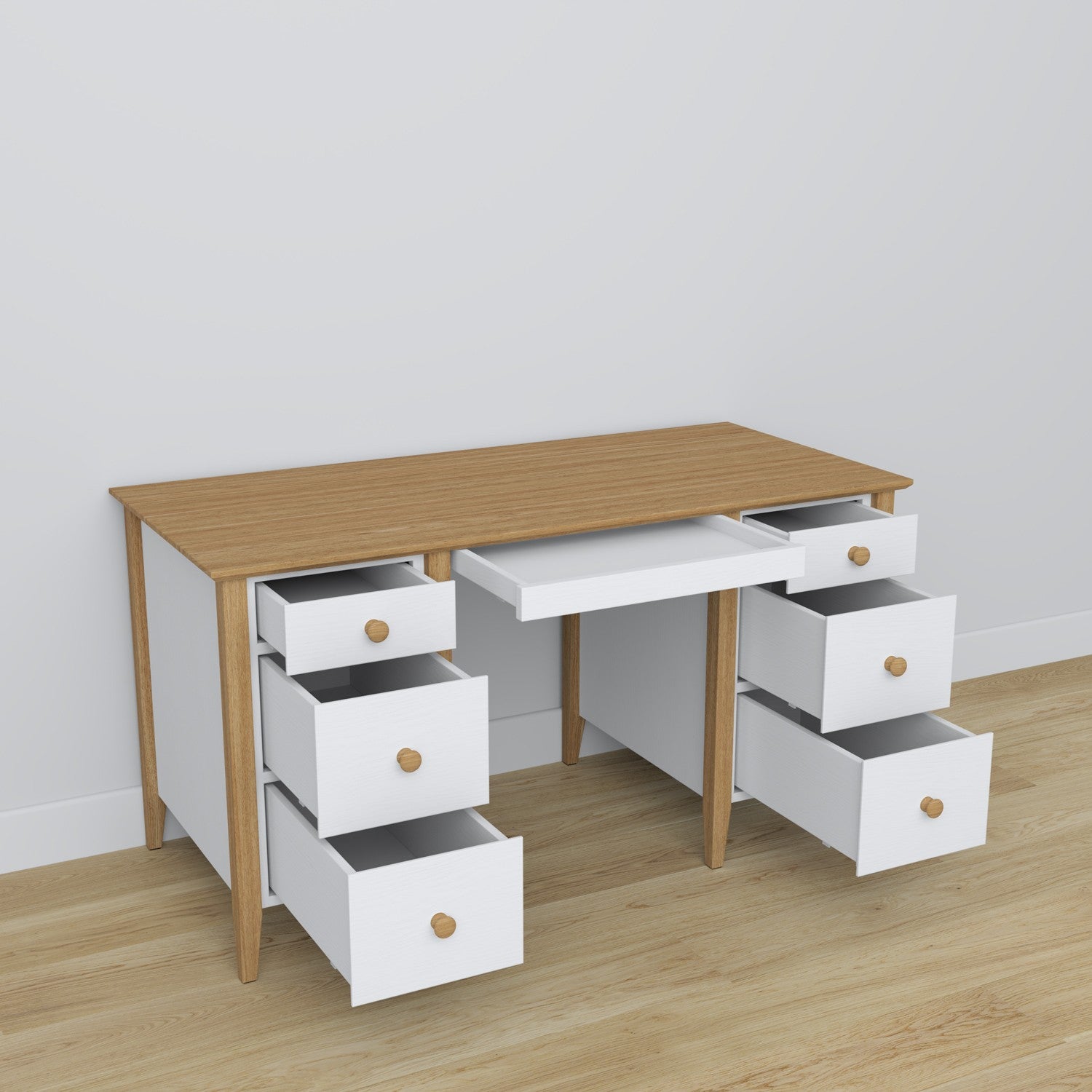 Bureau 6S en bois blanc avec chêne – tiroirs ouverts, rangements pour documents