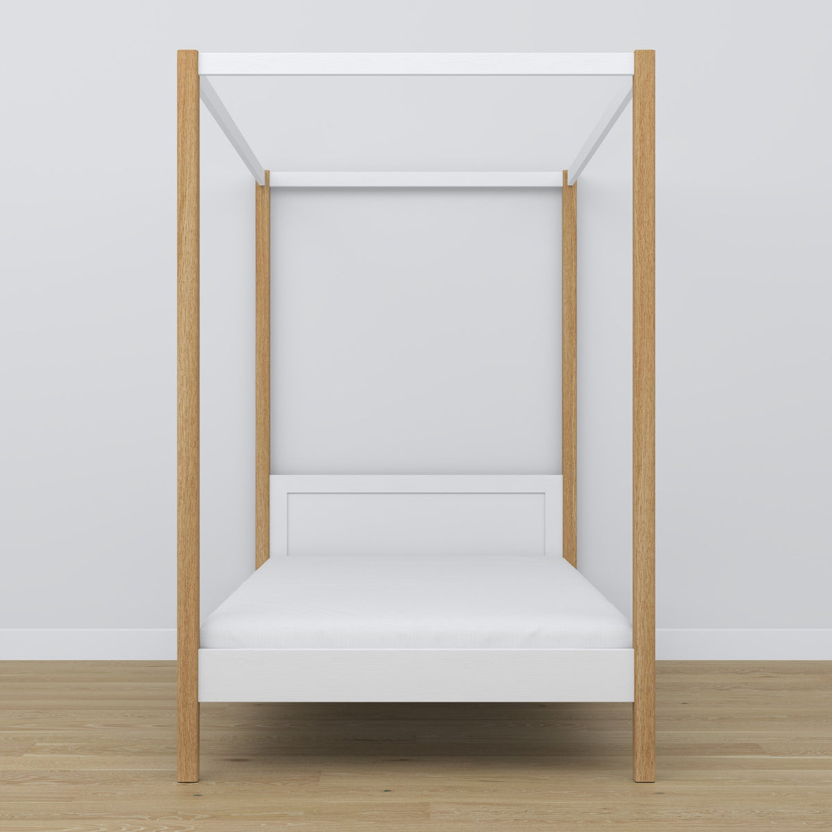 Himmelbett aus Holz, Weiß-Eiche – Nahaufnahme von Himmel und Kopfteil