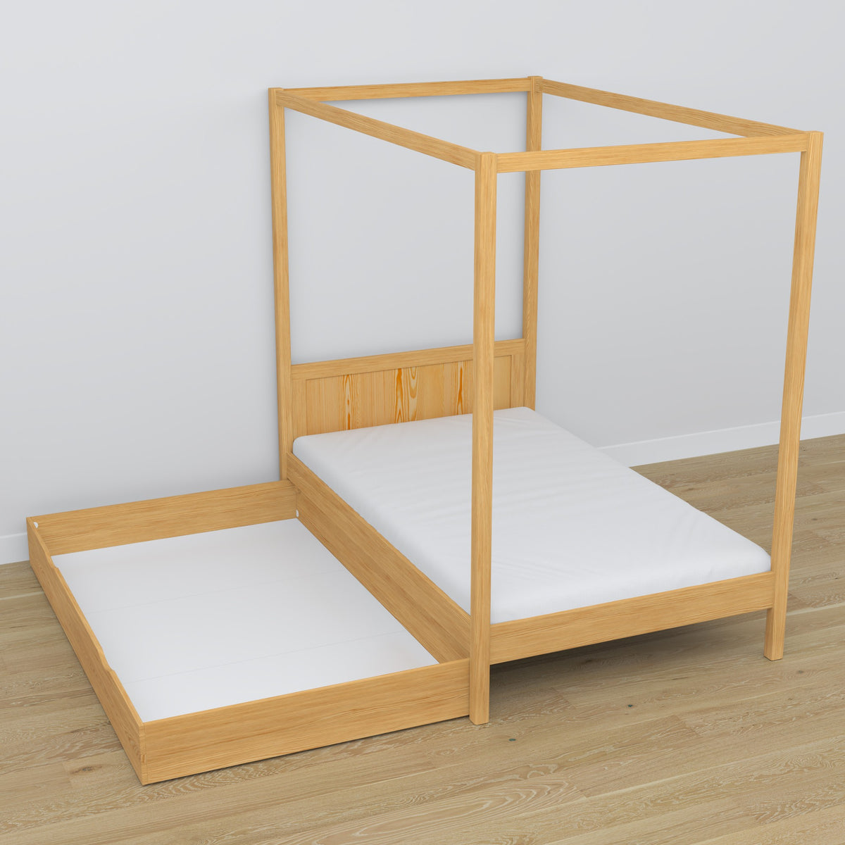 Wooden natural pine canopy bed – decorative frame, child’s room