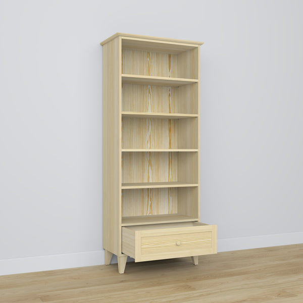 Bookcase 1S pine clear pine – open drawer, storage for small items