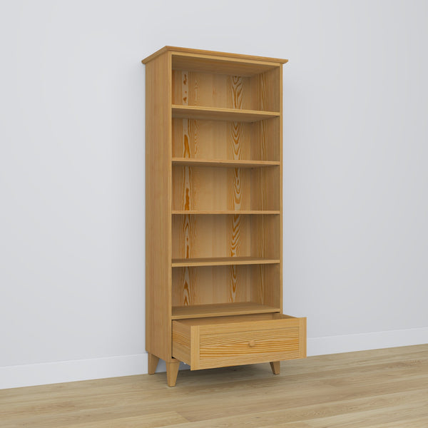Bookcase 1S pine natural pine – open drawer, storage for small items