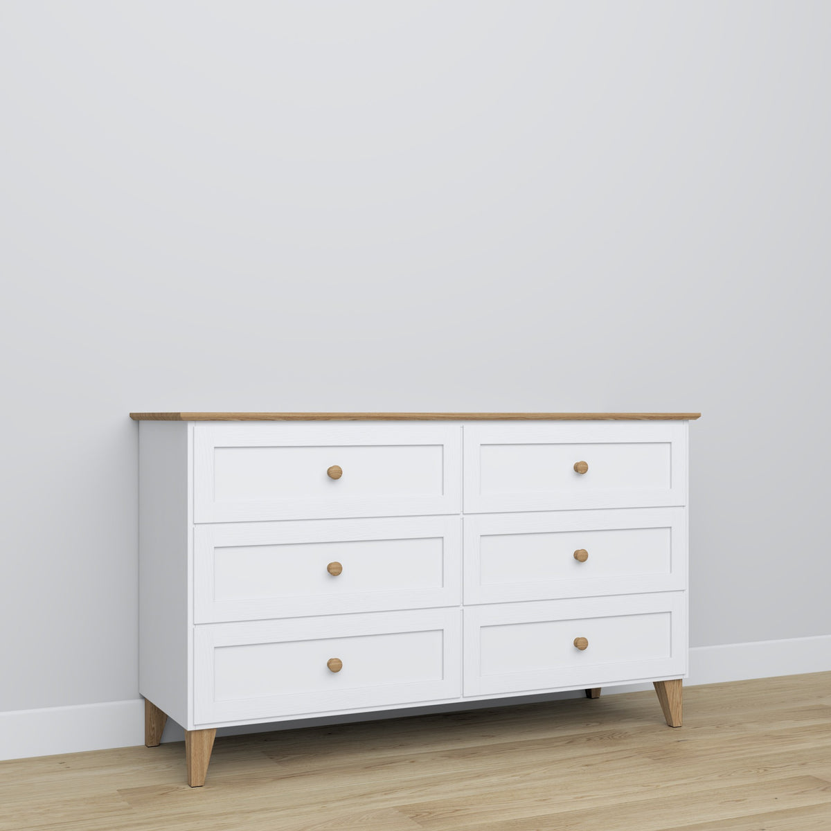 Commode 6S blanc avec chêne – en bois, szuflady fermé, vue frontale, Nizio