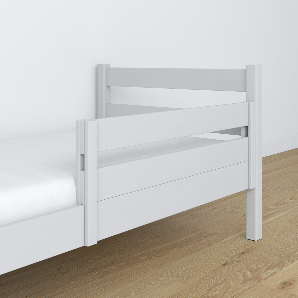 Wooden safety rail grey in children’s bed – scandi arrangement
